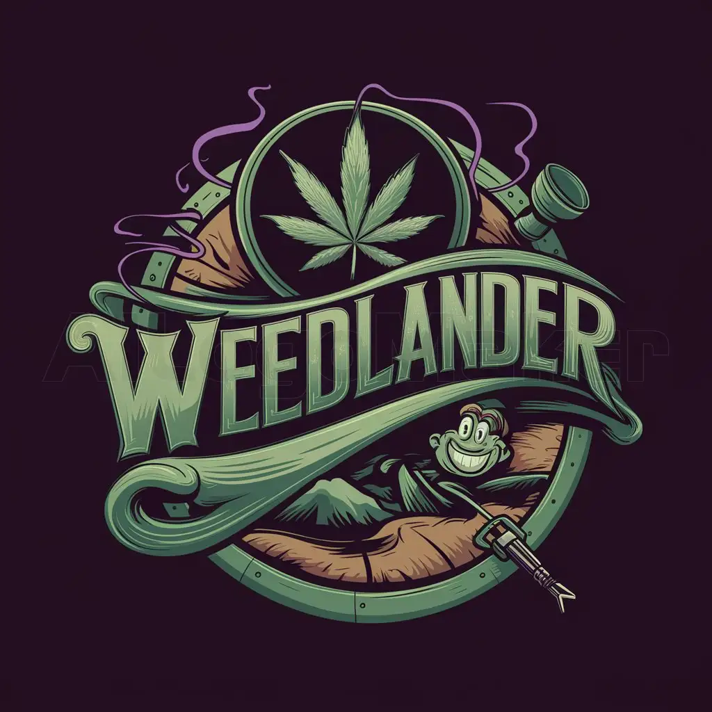 a logo design,with the text "WEEDLANDER", main symbol: The logo for "WEEDLANDER" features a blend of bold, dynamic elements that capture the essence of the name. At the center of the logo, the text "WEEDLANDER" is prominently displayed, written in a stylized font that exudes confidence and modernity. The letters may have subtle twists or curves, reminiscent of smoke wisps or cannabis leaves, to reinforce the theme. Surrounding the text, there is an iconic symbol or emblem that represents the concept of "WEEDLANDER." This could be an abstract illustration of a cannabis leaf, perhaps stylized to resemble a landscape or a journey, suggesting exploration and discovery. Alternatively, it could incorporate elements like a compass or a map pointer, symbolizing navigation and adventure in the world of cannabis. Introducing a smiling character, positioned near the emblem or integrated into the design, adds a touch of warmth and friendliness to the logo. This character, with a cheerful expression and relaxed demeanor, embodies the spirit of camaraderie and enjoyment associated with cannabis culture. Their presence reinforces the welcoming atmosphere of "WEEDLANDER" as a community-driven platform for cannabis enthusiasts. The color palette of the logo remains rich and vibrant, with shades of green dominating to reflect the theme of cannabis. Complementary colors such as deep purples or earthy browns can be incorporated to add depth and contrast, creating a visually striking composition. Overall, the logo for "WEEDLANDER" is designed to be memorable, versatile, and representative of the brand's identity as a hub for cannabis enthusiasts and adventurers. It should evoke a sense of excitement and exploration, inviting individuals to embark on a journey through the world of cannabis with "WEEDLANDER" as their guide, all while being greeted by the friendly smile of the character.

(The input text is already in English),complex,be used in Cannabis industry,clear background