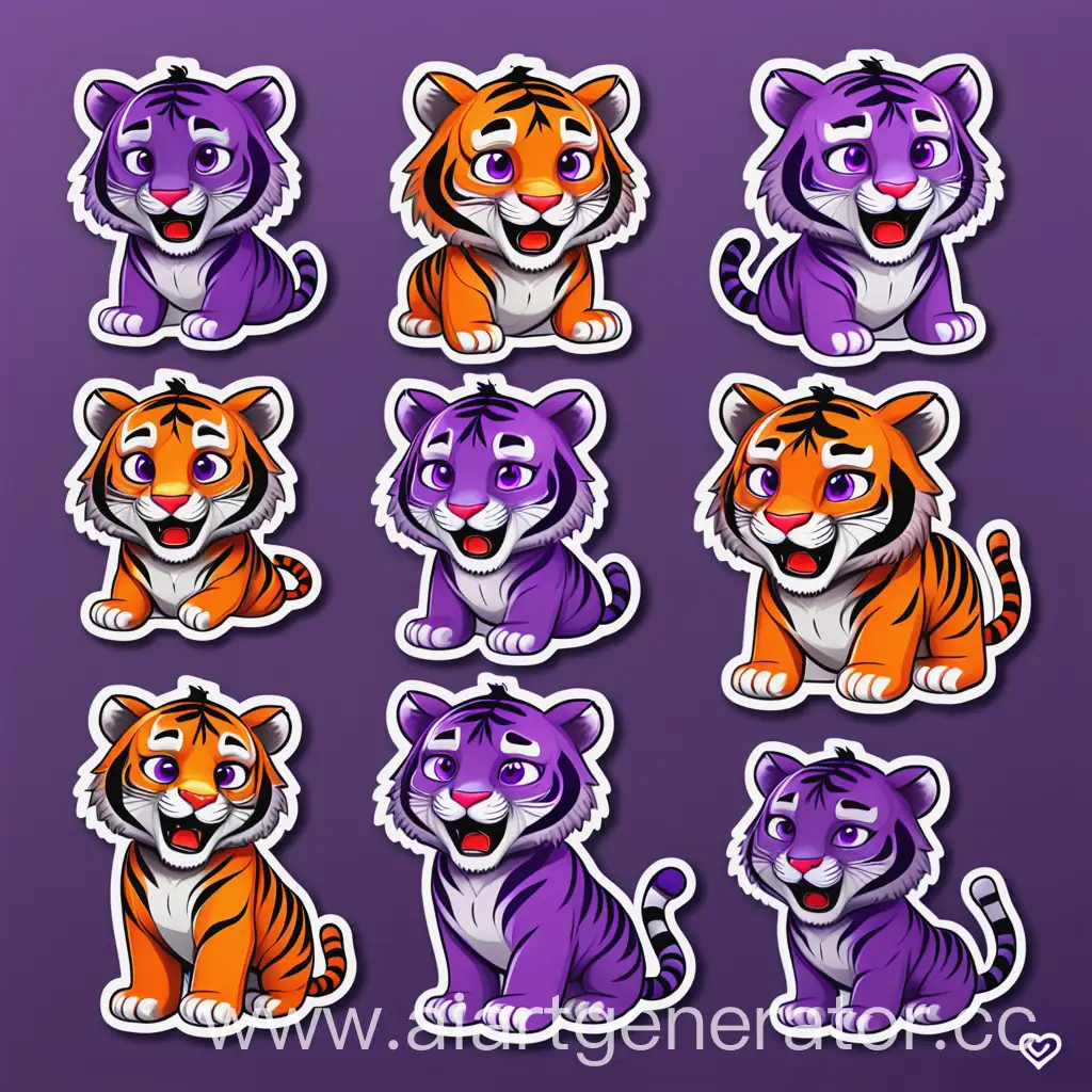 нарисуй 12 стикеров для ВК, на этих стикерах должен быть тигр, который будет выражать разные эмоции, стикеры будут связаны с молодёжной программой  "Движением первых" преимущественно в фиолетовом цвете, 