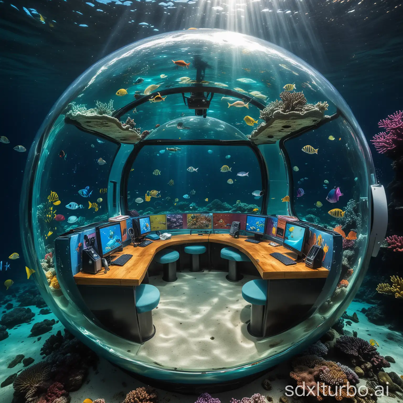internet cafe underwater in spherical shape with four seats, circumstances similar to the Great Barrier Reef, colorful fish