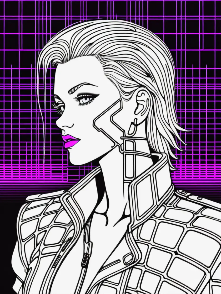 Adult Coloring Book, black and white, high contrast retrowave neon grid, cyberpunk, high contrast
