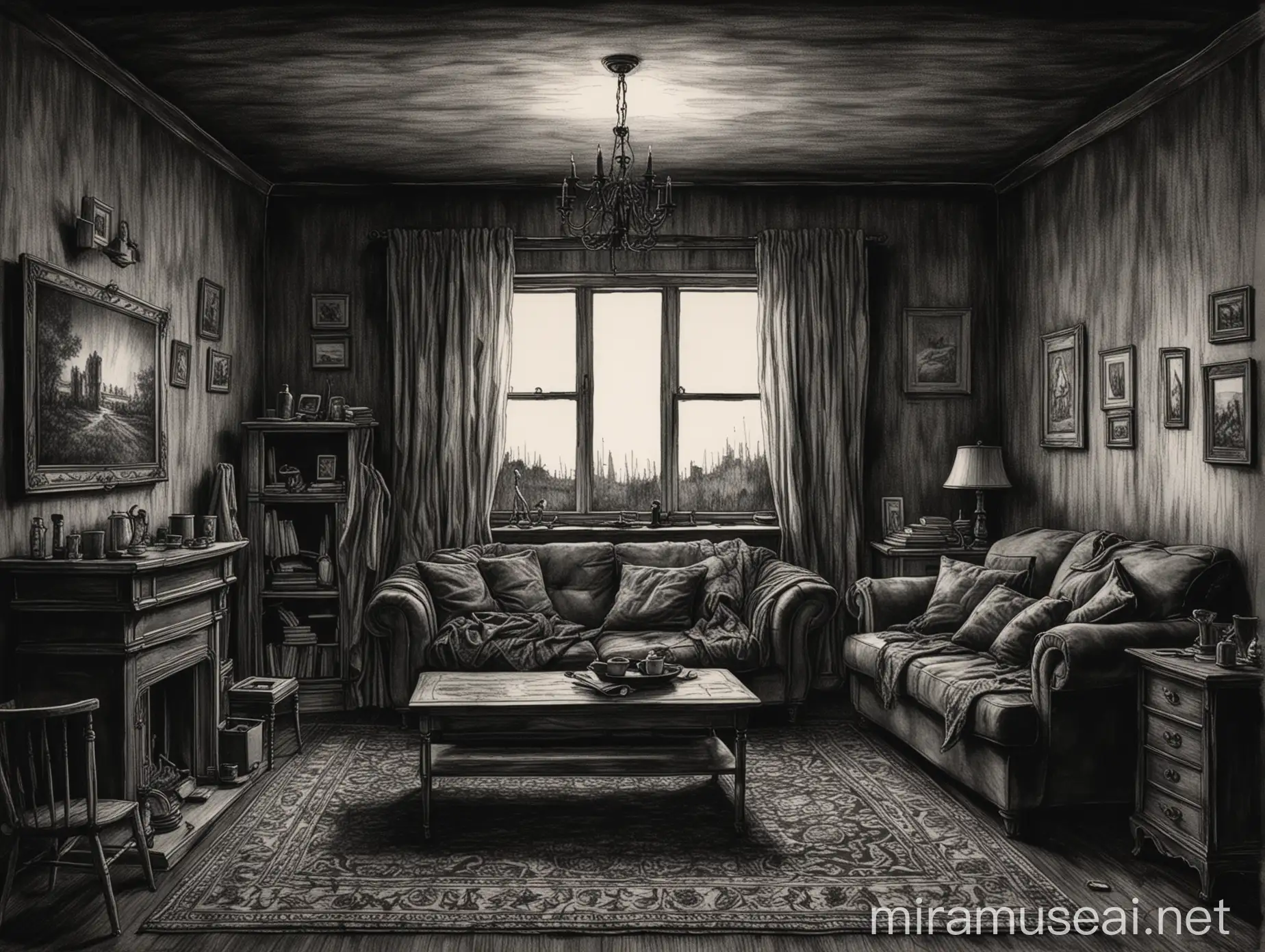 depressing dark living room, ink drawing