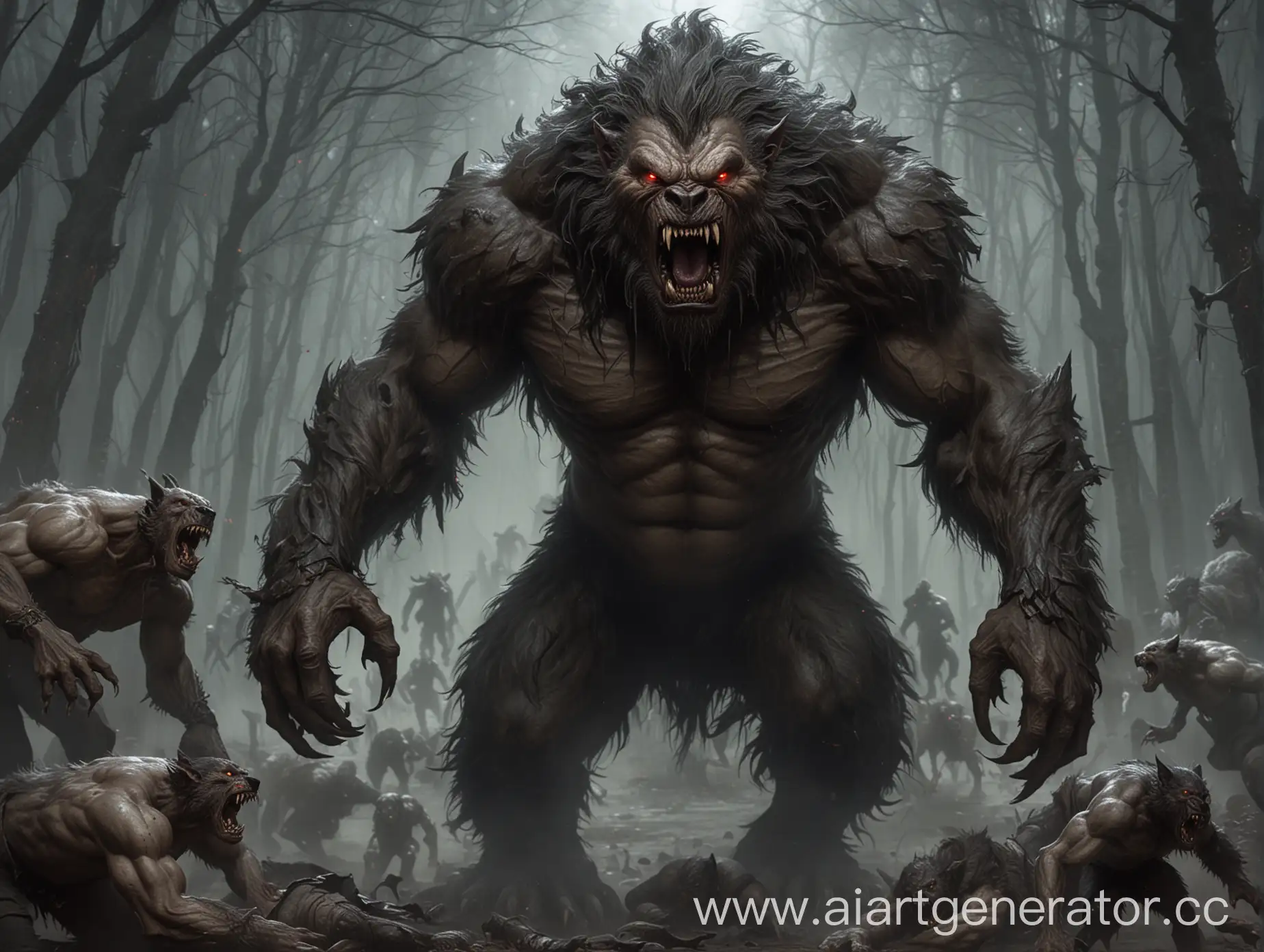 Big werewolf beast, willage, panic human