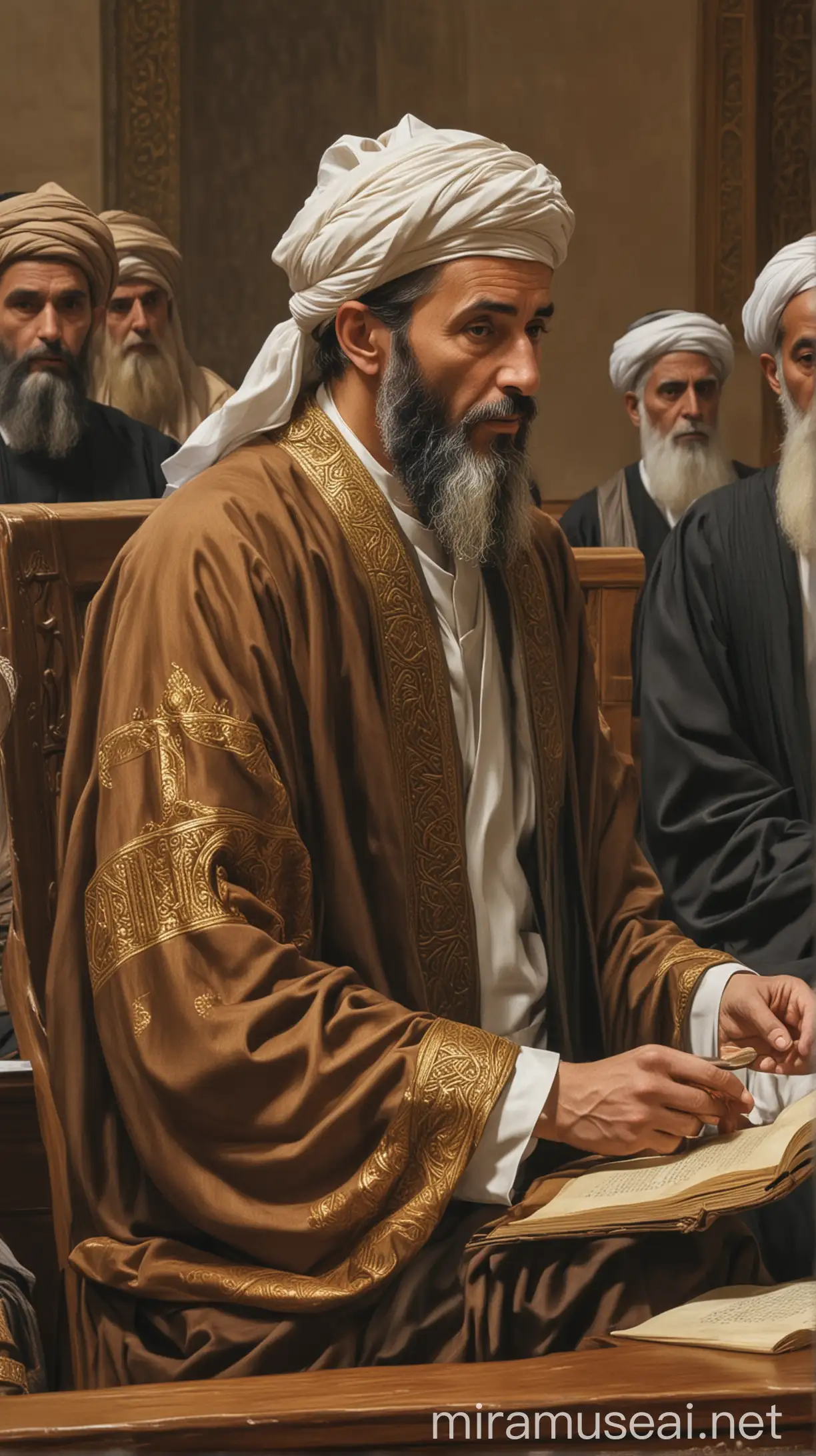 Qadi Abu Yusuf in Court: An image depicting Qadi Abu Yusuf, a respected jurist of the Islamic Golden Age, presiding over a court session. He listens attentively to the arguments presented by the woman and her husband, showcasing the meticulous nature of Islamic legal proceedings. with islamic tradition HD and 4K