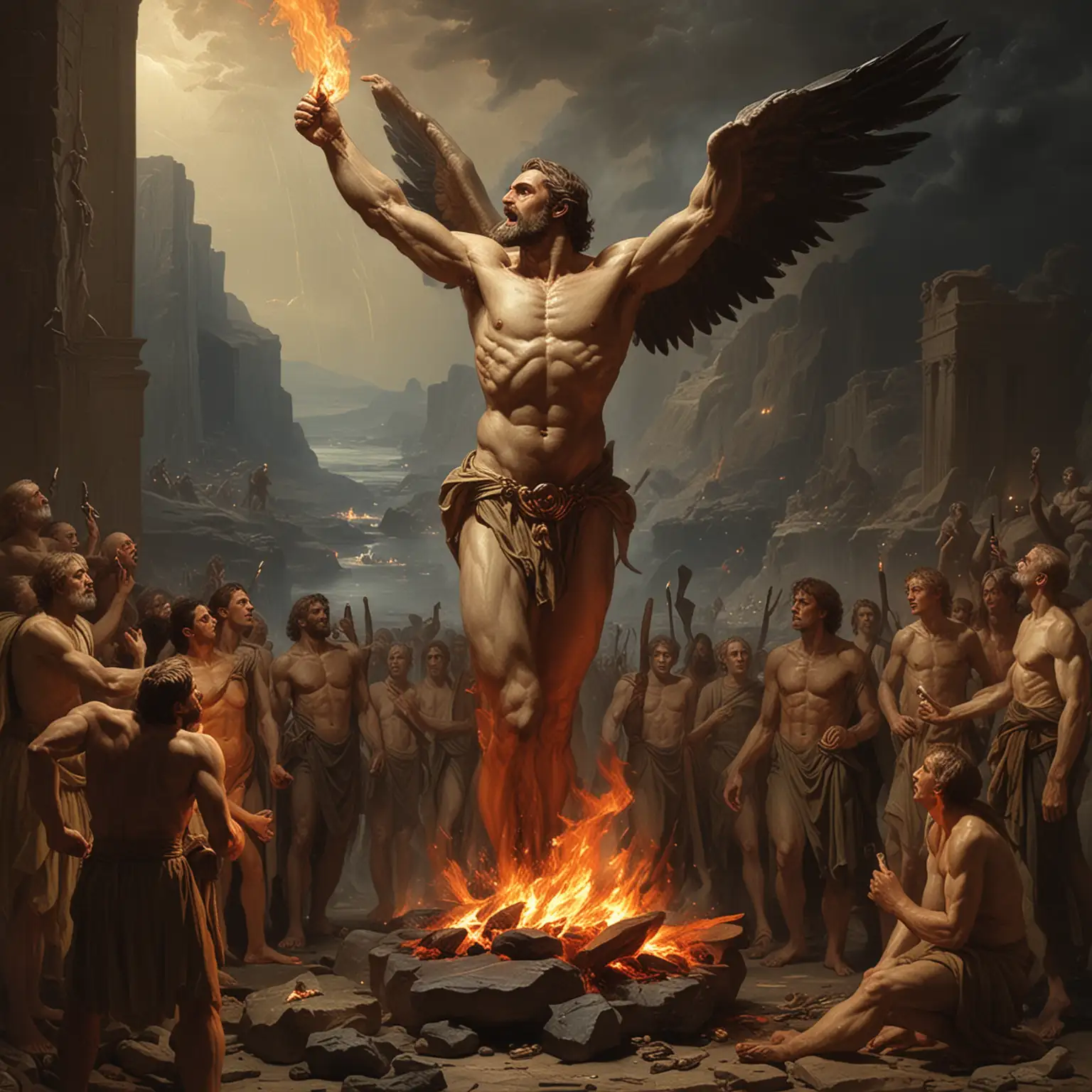 Prometheus-Sharing-Fire-with-Humanity-Mythical-Scene-Depicting-the-Iconic-Act-of-Fire-Bestowal