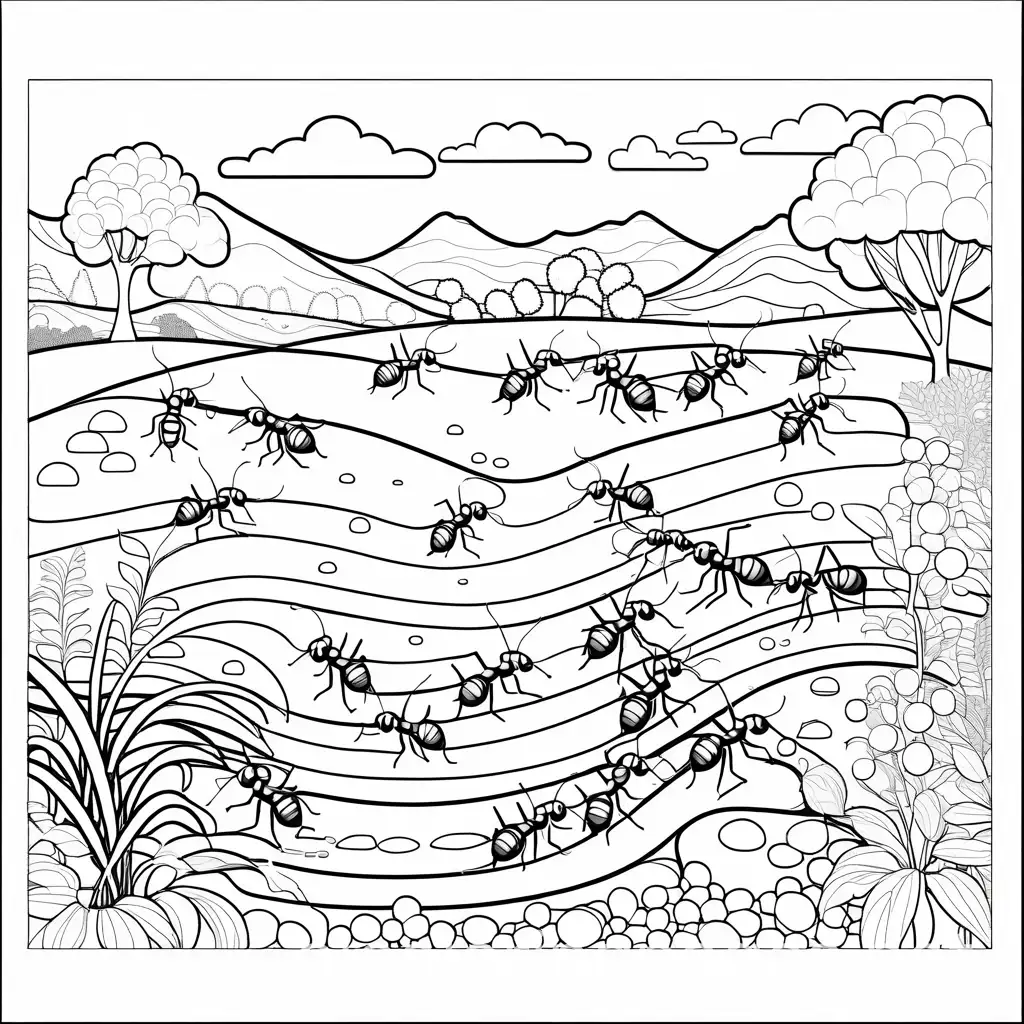 Preschool learning ant colony coloring page
, Coloring Page, black and white, line art, white background, Simplicity, Ample White Space. The background of the coloring page is plain white to make it easy for young children to color within the lines. The outlines of all the subjects are easy to distinguish, making it simple for kids to color without too much difficulty