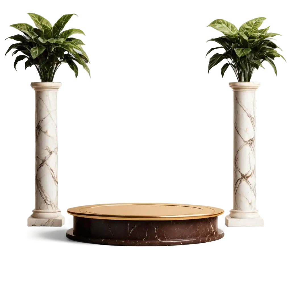 A creamy glossy brown Carrara marble podium with golden details. A glossy brown marble empty round plate with a circular frame on center top made with gold. marble pillars  with decorative plants on the sides. all symmetrical and ultra realistic.