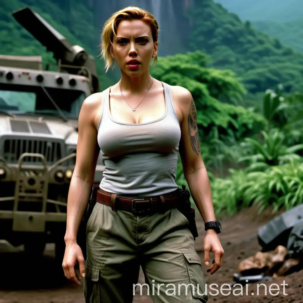 Scarlett Johansson Jurassic Park Character Transformation Muscular Tattooed in Cargo Pants
