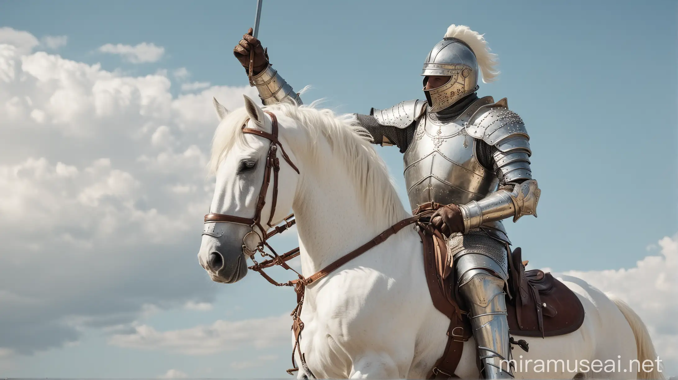 Noble Knight on White Stallion Reverently Saluting the Sky