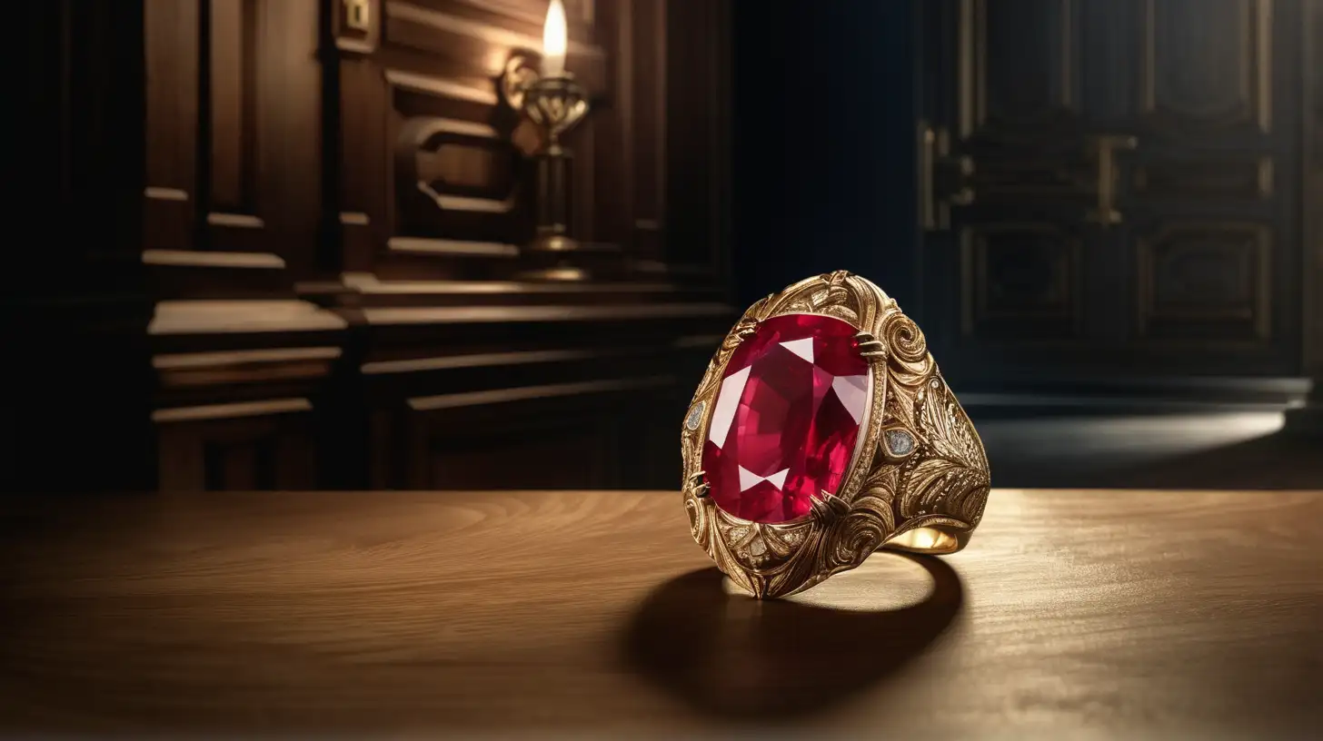 Biblical Era Golden Ring with Large Ruby on Wooden Table in Dimly Lit Room