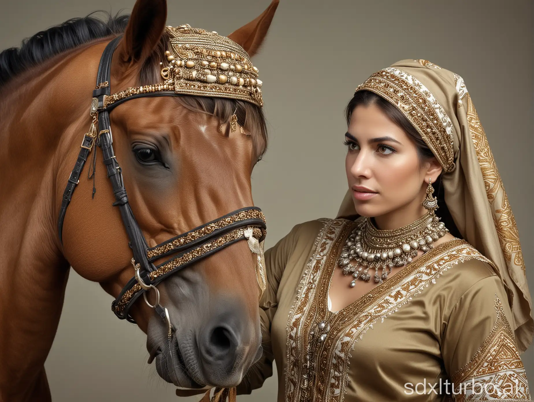 Hyper-realistic photo of a beautiful Greek woman wearing traditional Javanese kemben and khaki. Loving a horse. The photo is very bright and looks very realistic. Shoot with a Nikon camera, close up.