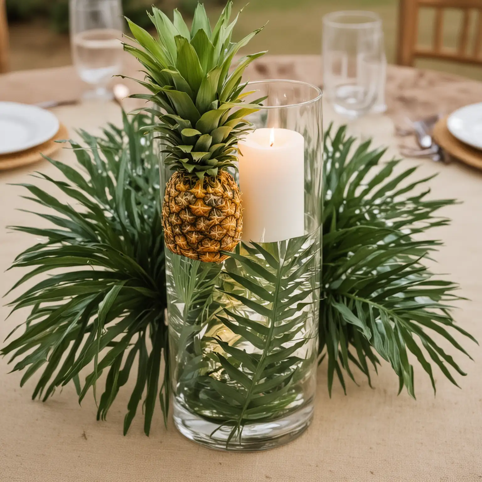 Tropical-Wedding-Centerpiece-Glass-Cylinder-Vase-with-Pineapple-Leaves