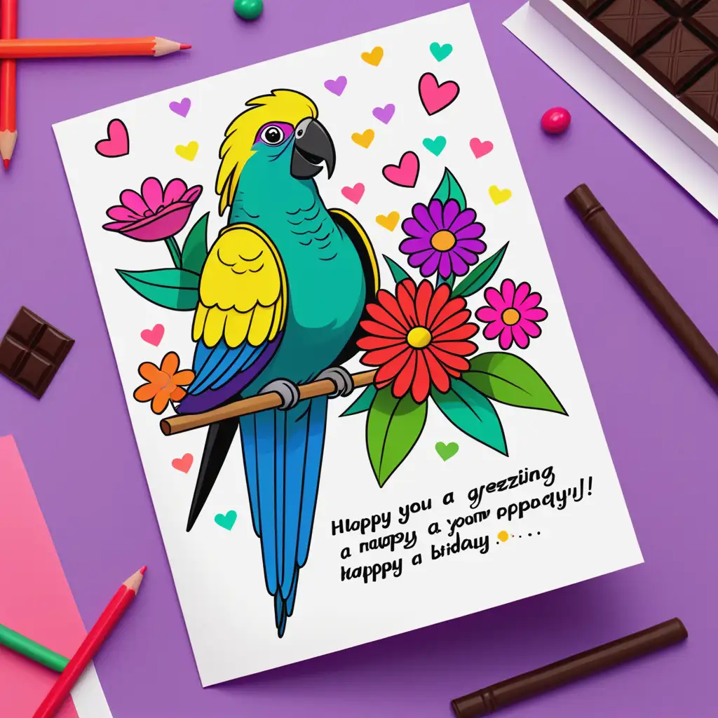 Birthday Greeting Card for Female Teacher with Flowers Candies and Parrot