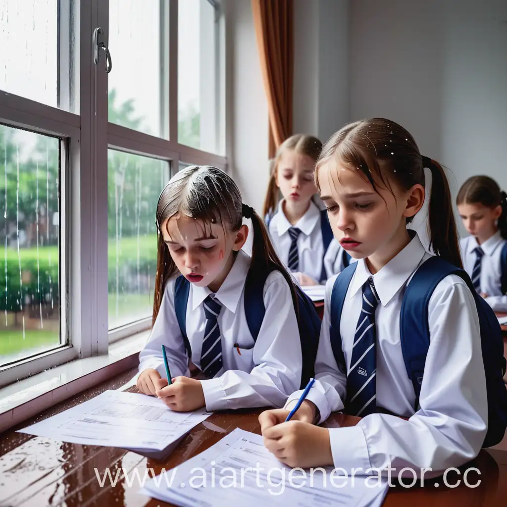 white schoolchildren dressed in school uniforms are preparing for the unified state exam, worried, biting their lips, writing on test forms, pouring rain outside the window