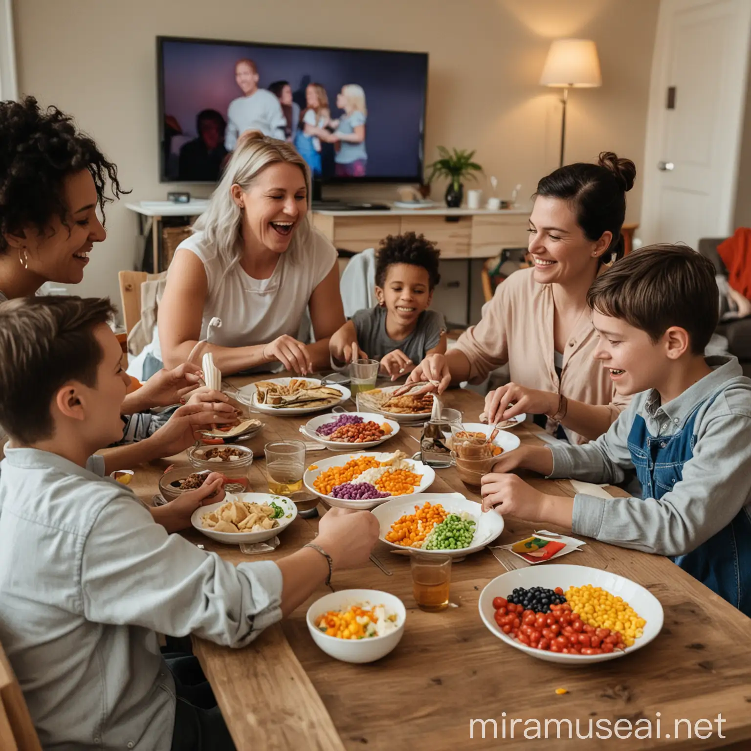 image capturing moments between LGBTQ+ parents and their children like :Families at mealtime, playing games, watching movies or TV