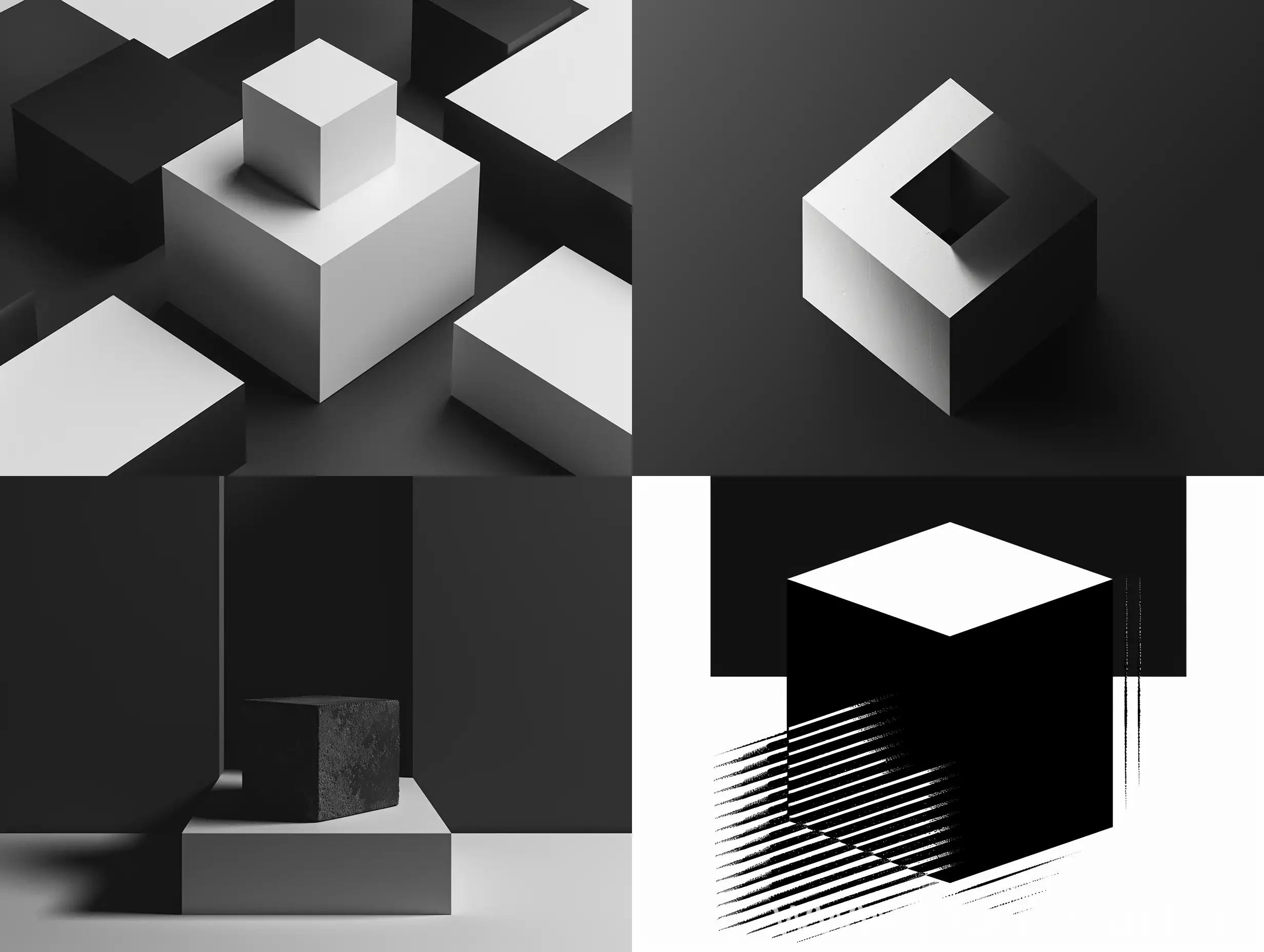 сделай черно-белое изображение в стиле минимализма и графики: плоскостная композиция отображающая куб
