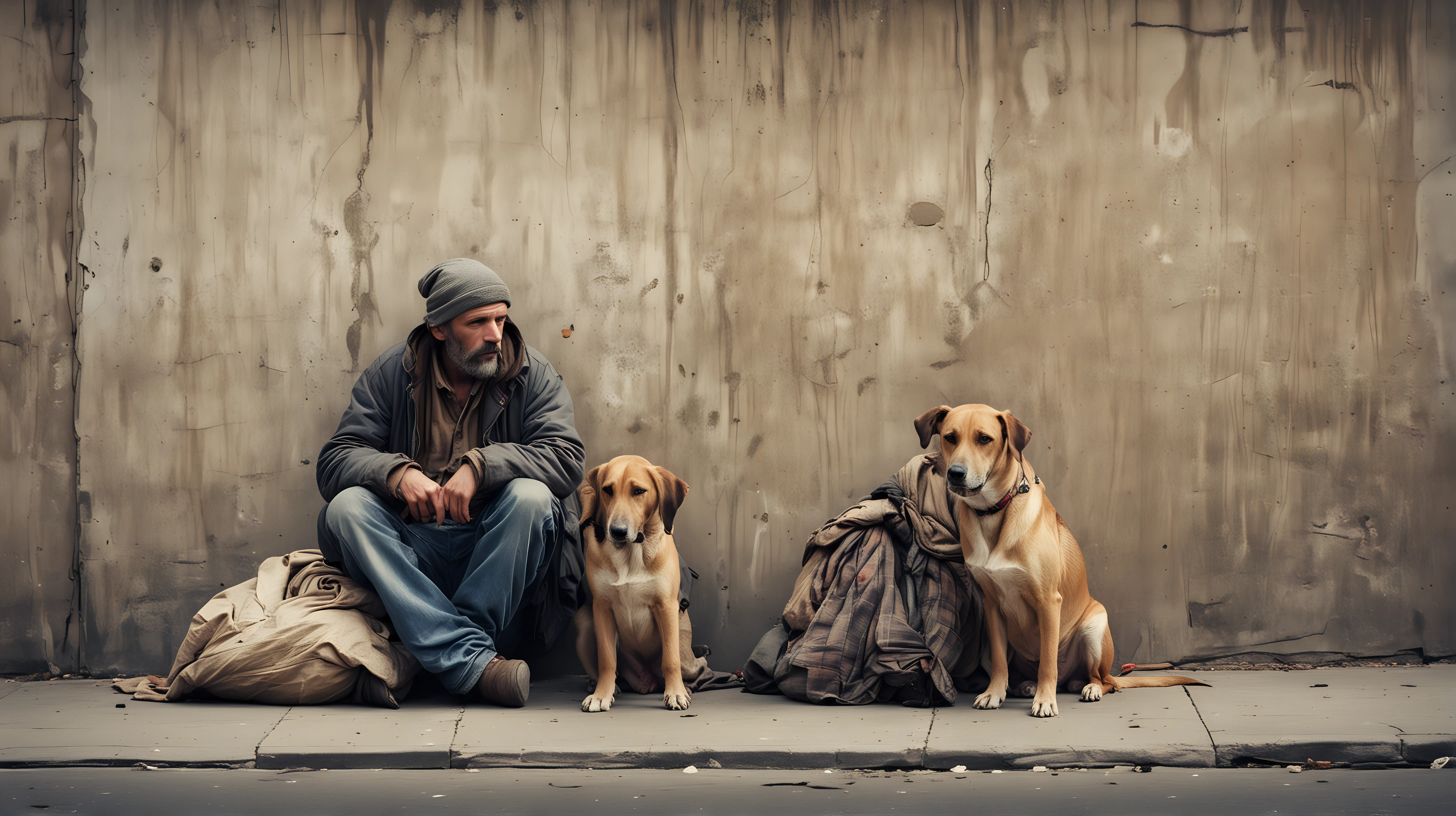 Homeless Man with Dog on Grungy City Street Wall