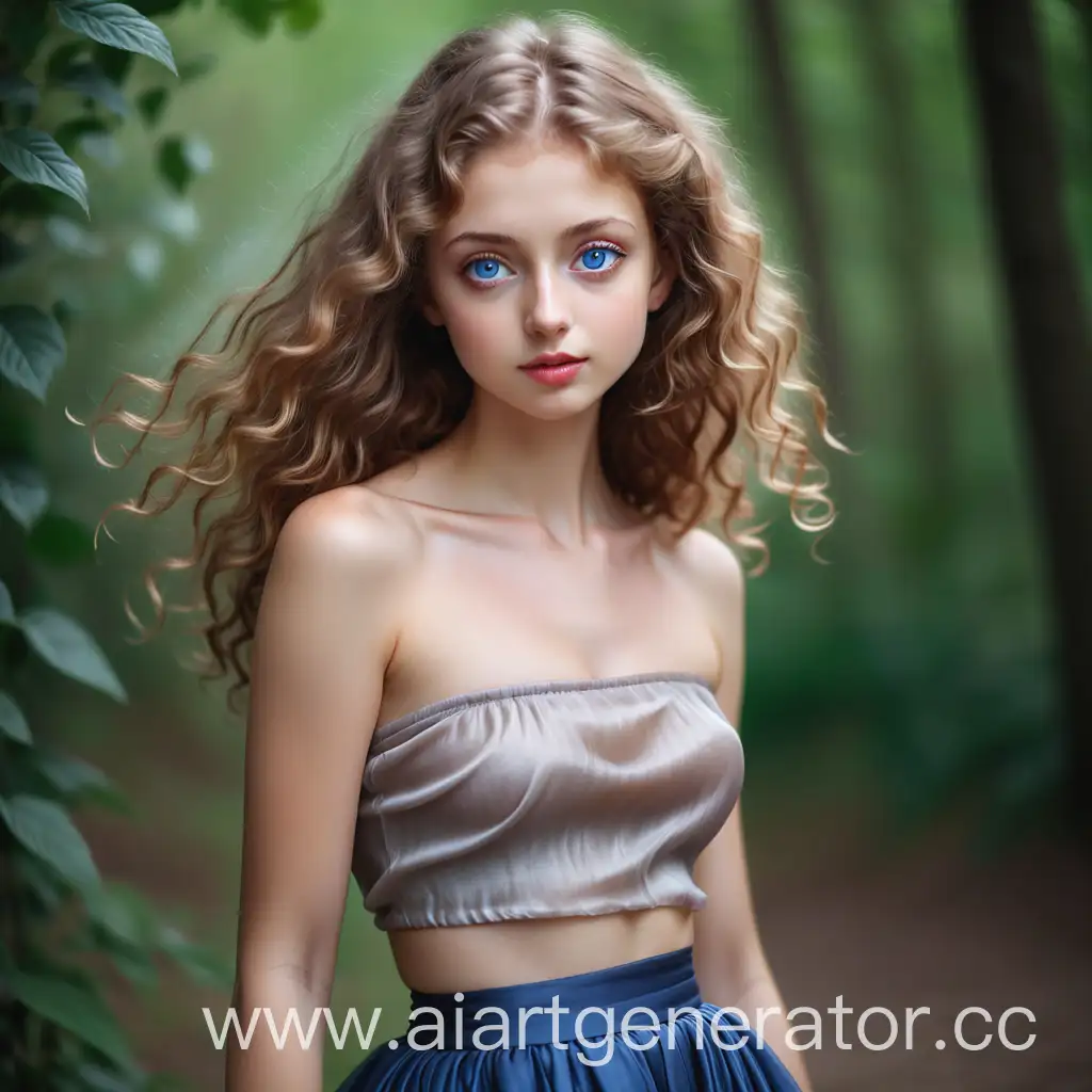 Young beautiful girl, natural beauty. She is wearing a long skirt made of thin silk, a short revealing top without straps. Long light brown hair flows over her shoulders, it is slightly fluffy and a little curly. There is no makeup on the face. The girl has big blue eyes, long eyelashes, neat, slightly upturned nose and plump lips. She is very thin: very expressive collarbones, thin waist, flat stomach. The picture should feel the unity of the girl with nature.