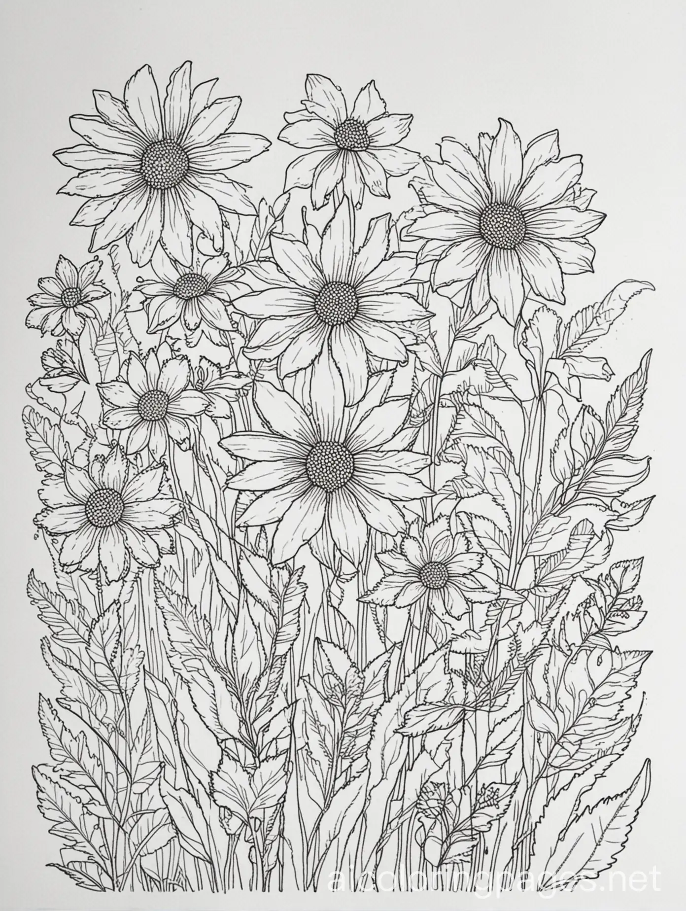 colouring page wildflowers, Coloring Page, black and white, line art, white background, Simplicity, Ample White Space. The background of the coloring page is plain white to make it easy for young children to color within the lines. The outlines of all the subjects are easy to distinguish, making it simple for kids to color without too much difficulty, Coloring Page, black and white, line art, white background, Simplicity, Ample White Space. The background of the coloring page is plain white to make it easy for young children to color within the lines. The outlines of all the subjects are easy to distinguish, making it simple for kids to color without too much difficulty