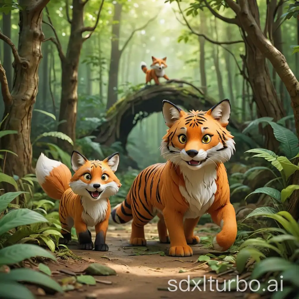 Create a scene where the fox and tiger confidently stride through their forest home, with a backdrop of lively trees and exotic creatures. hold boby
