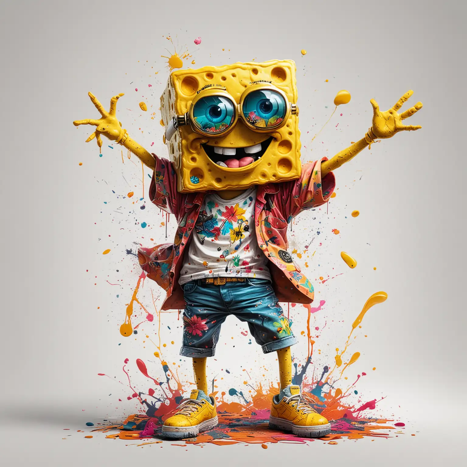 colorful abstract painting  Hip Hop halloween floral hover dancing, golden SpongeBob SquarePants
, full body, sun glasses,luxury , dead world, Graffiti Cartoon- Digital Download PNG, JPEG , white background