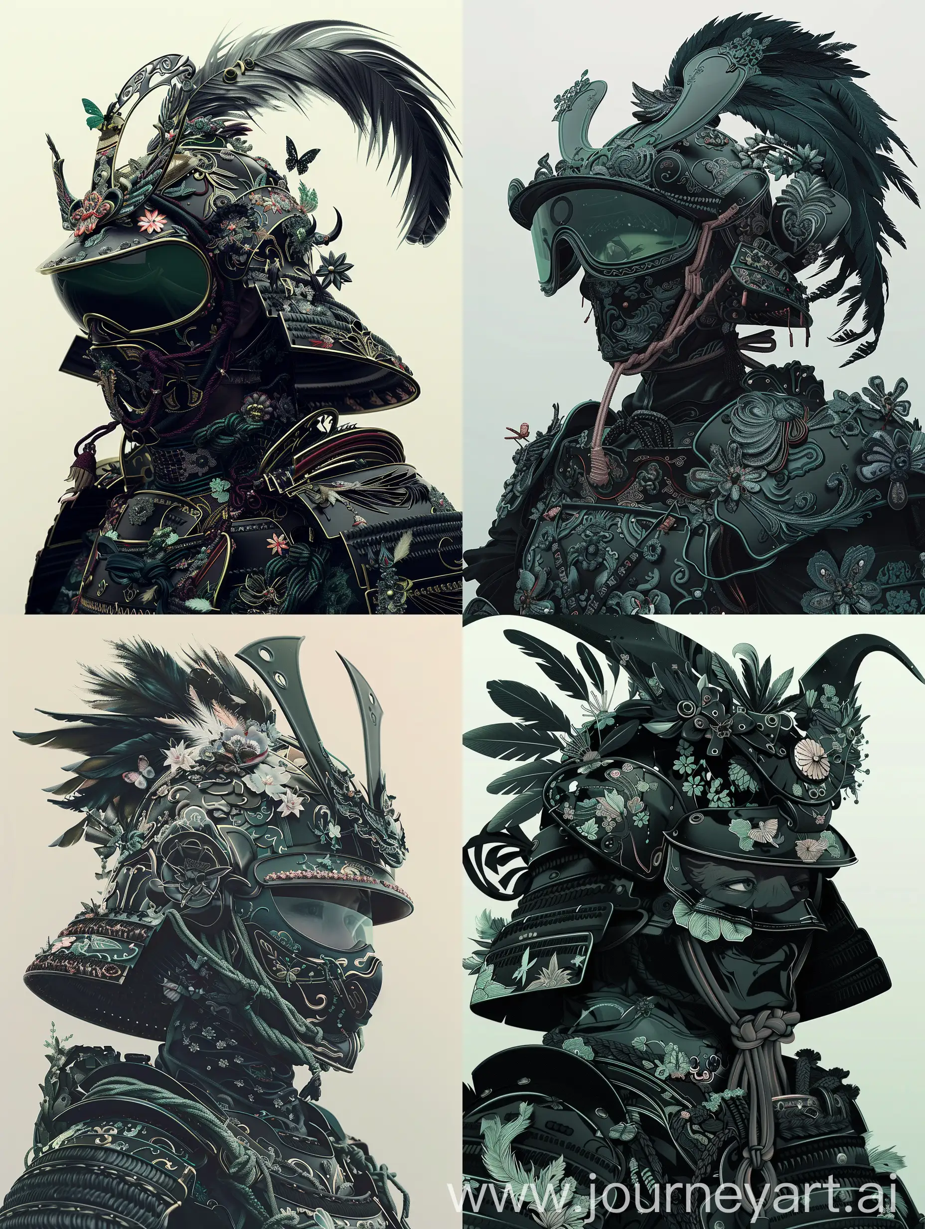 A highly detailed and ornate samurai warrior wears an elaborate suit of armor in various shades of Black. The helmet features intricate decorations with feathered and floral elements, a large, curved crest and detailed embellishments. The mask and armor plates are adorned with delicate patterns, including flowers and butterflies, and the samurai's face is partially hidden behind tinted goggles. The overall color scheme is predominantly Green, creating a visually striking and unique look. The background is a plain, light Black gradient.
