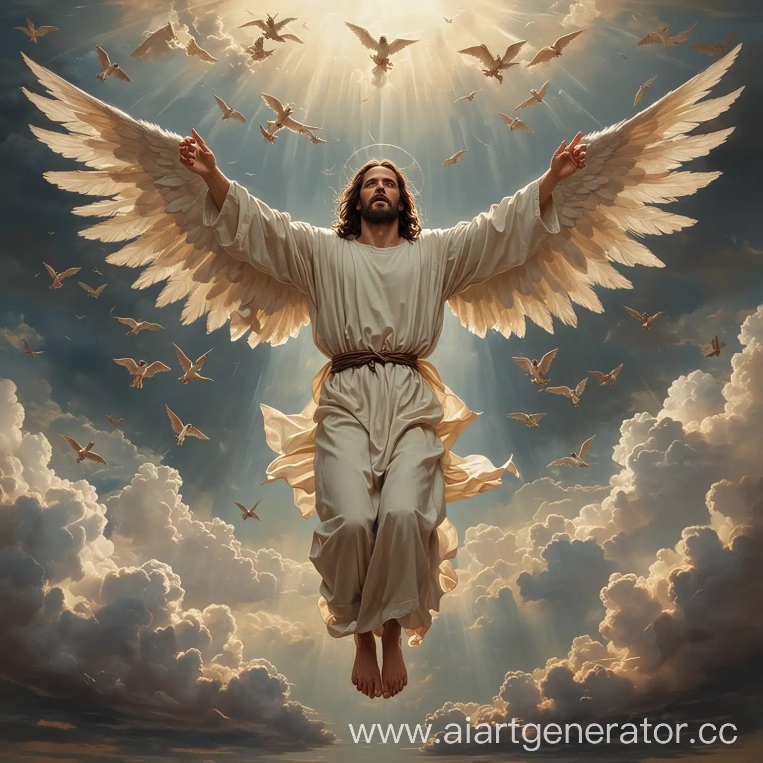 Нарисуй мне Иисуса в полный рост который парит на крыльях в небо, а под ним находятся дьяволы.
