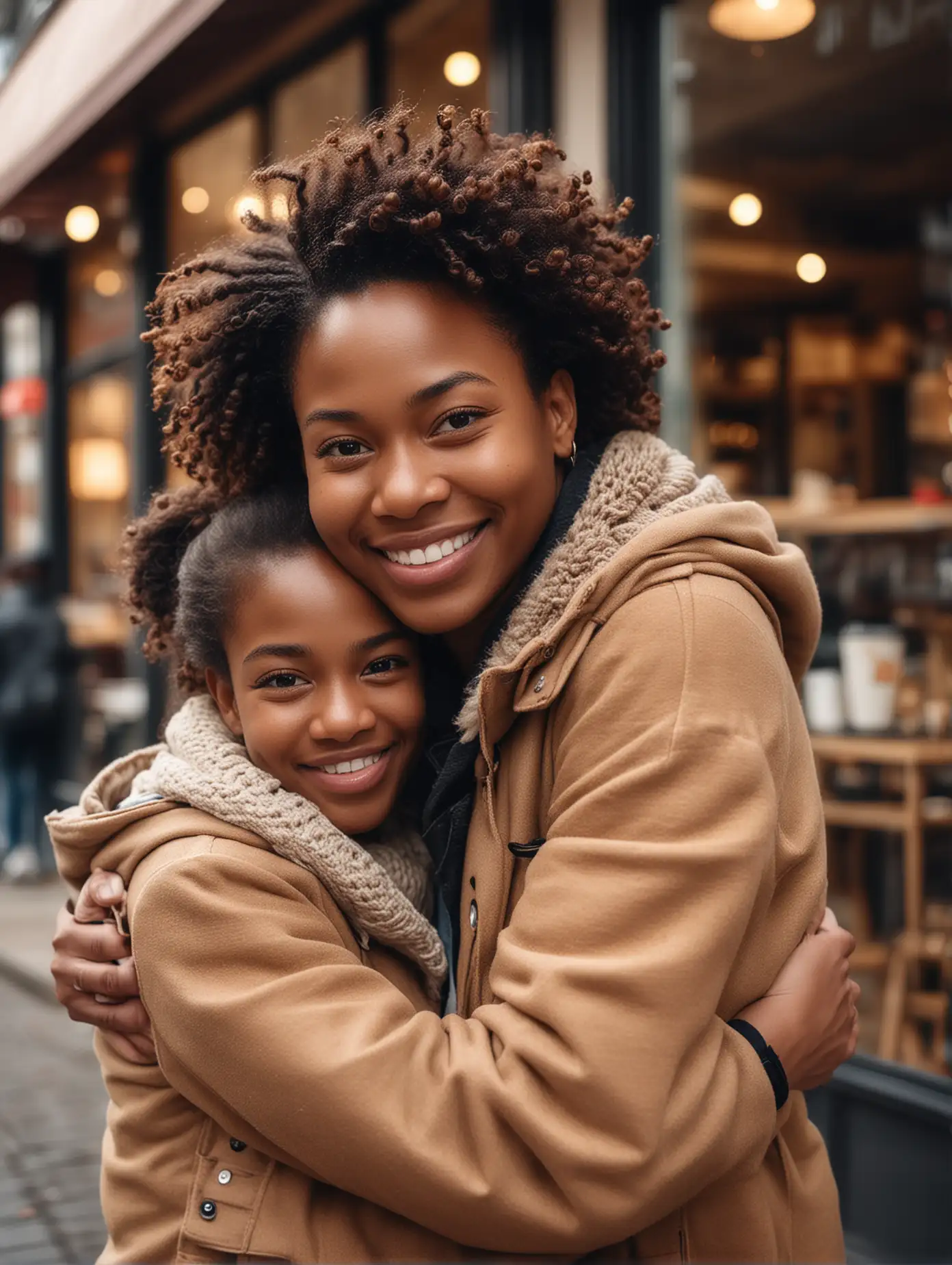 Photo of a happy black mother and daughter hugging in front of a coffee shop, wearing winter during outdoor shopping on an autumn day. Taken with a Canon EOS R5 camera and standard lens, with a shallow depth of field focusing on their faces against a blurred background of a busy street scene