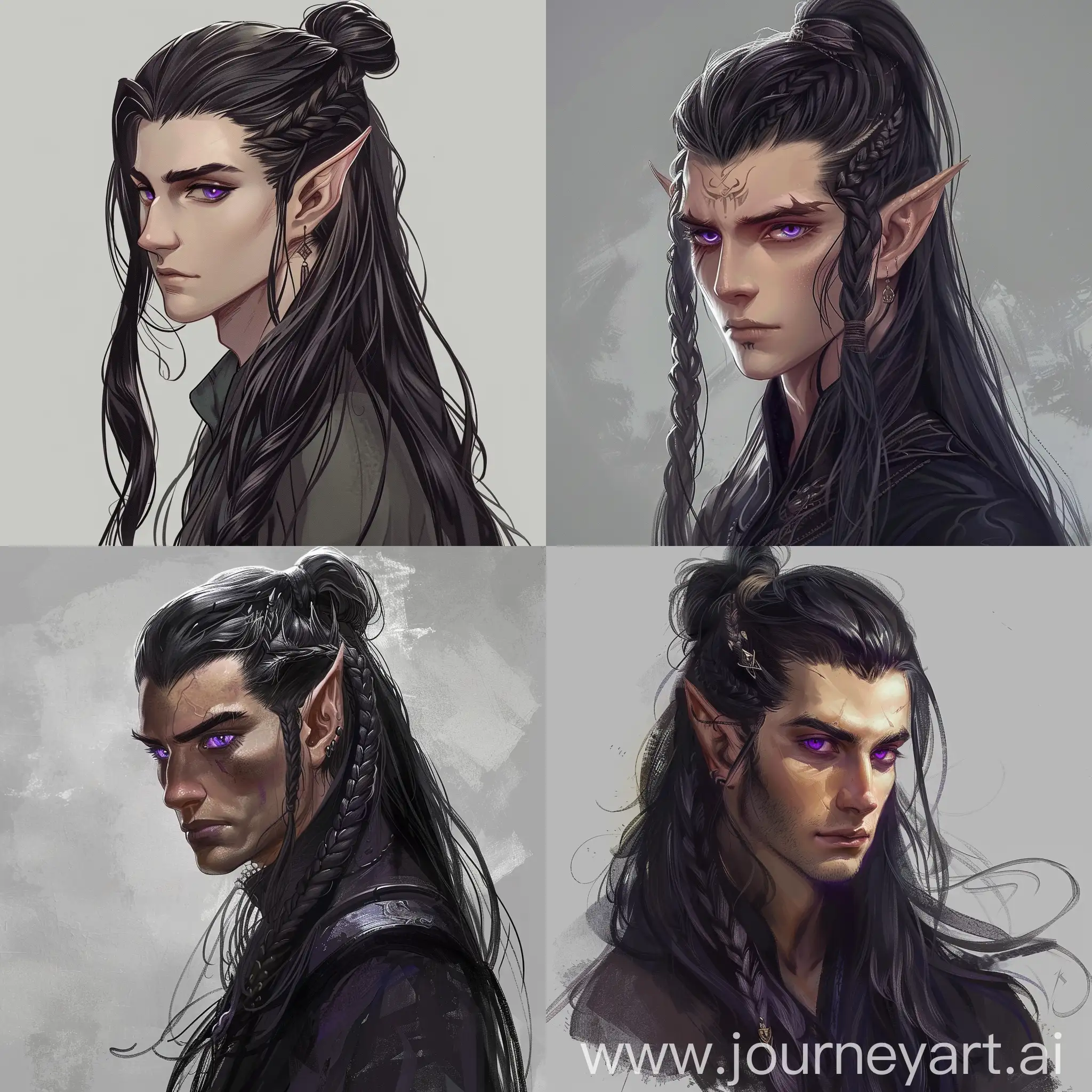 dnd elf man, long black hair, high ponytail with a braid, purple eyes