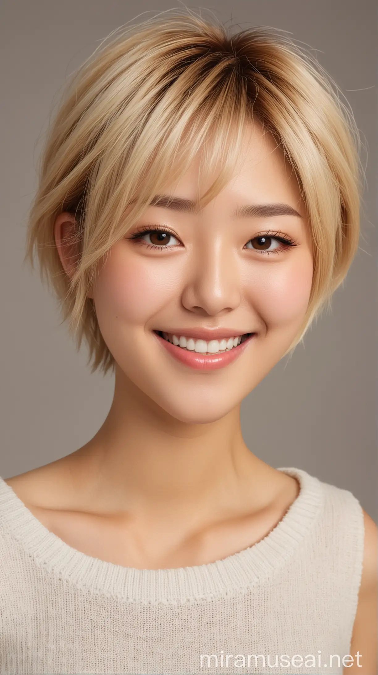 Very attractive Japanese young woman, beautiful and realistic look, blond short hair, plump cheeks, wearing a white sleeveless sweeter, have a big grin on her face 