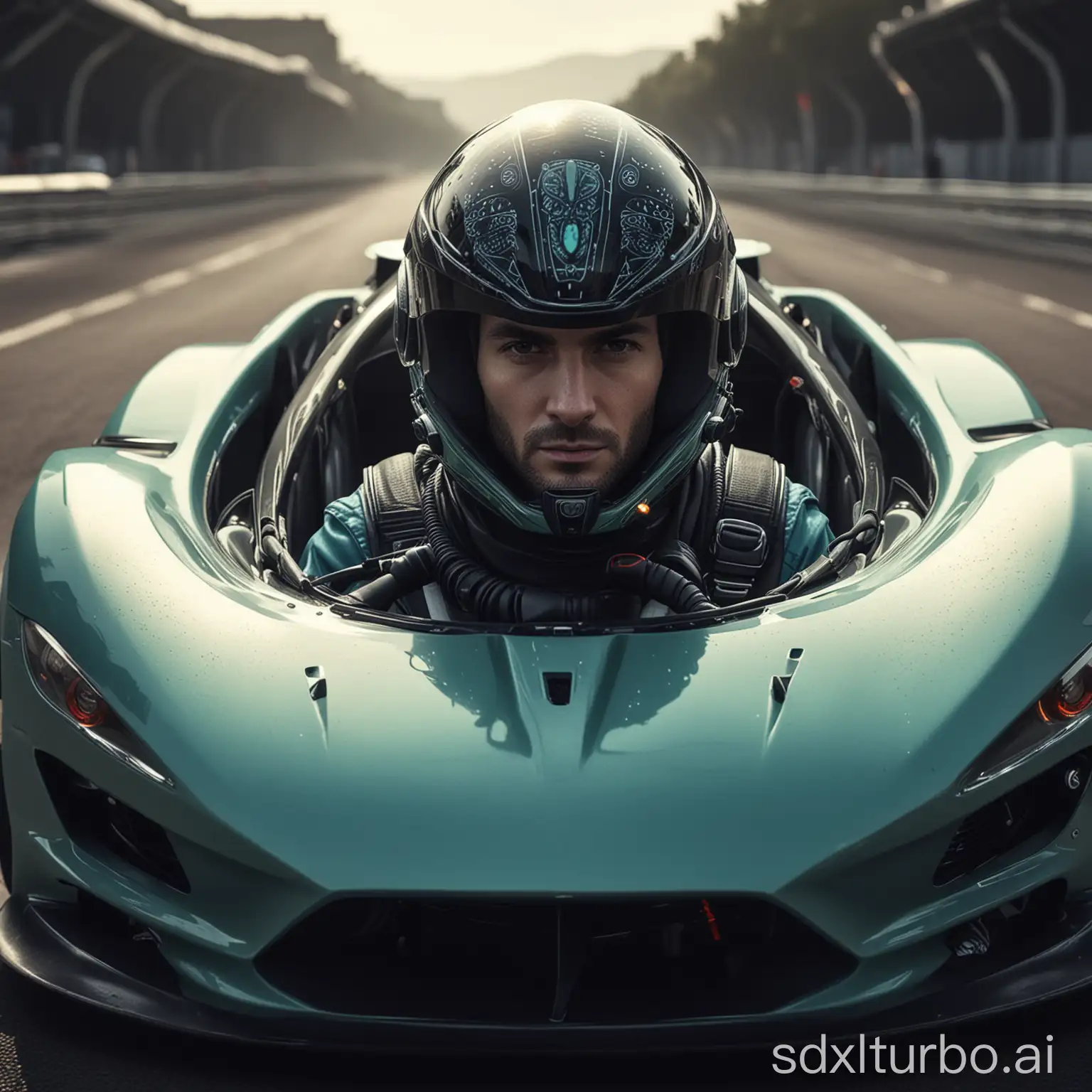 Rennfahrer mit Alienhelm in einem futuristischen GT Rennwagen
