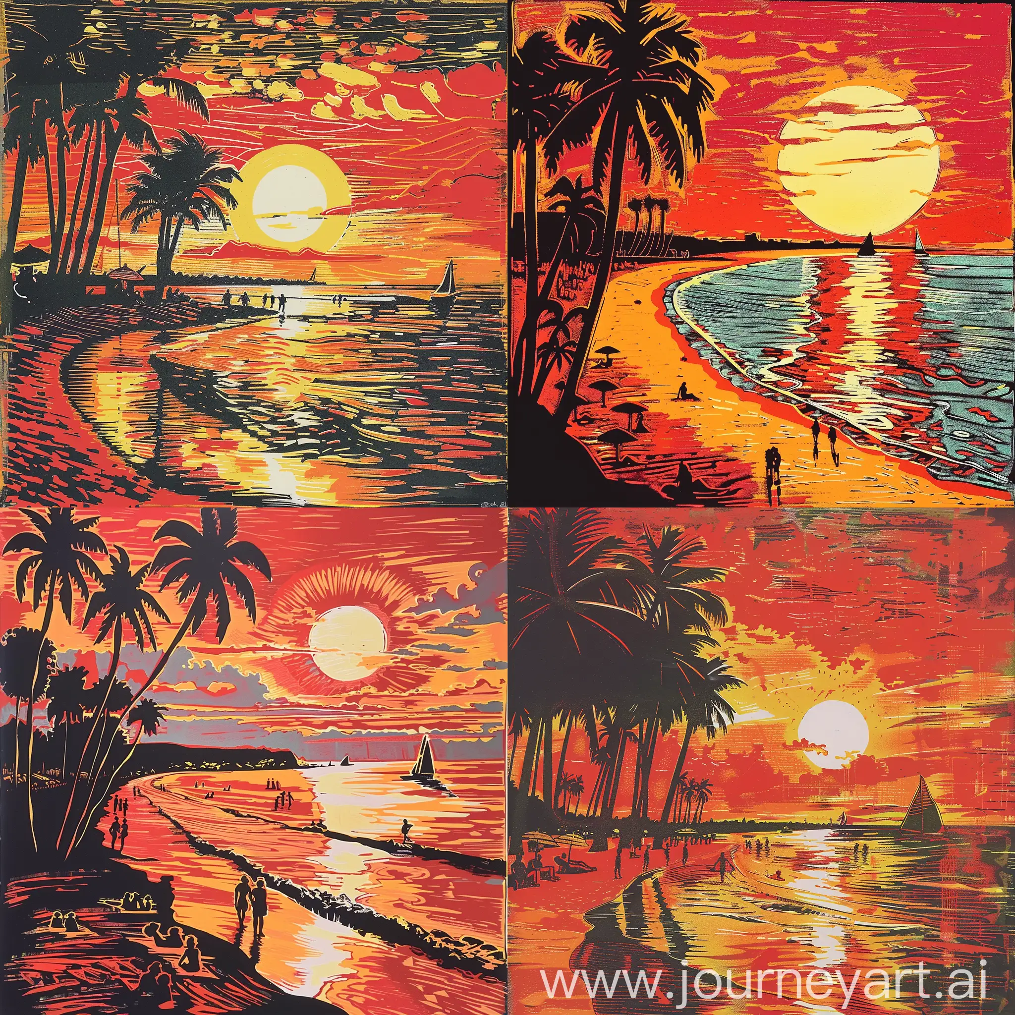 A vibrant linocut featuring a sunset over a beach, with the sun setting on the horizon, casting a warm orange and

red glow across the sky. The sun's reflection shimmers on the calm waters of the beach. Tall palm trees stand prominently on the left, silhouetted against the fiery sky. The beach is dotted with people, some sunbathing on the sand and others swimming in the water. There are also a few beach umbrellas. There is a sailboat in the distance., painting