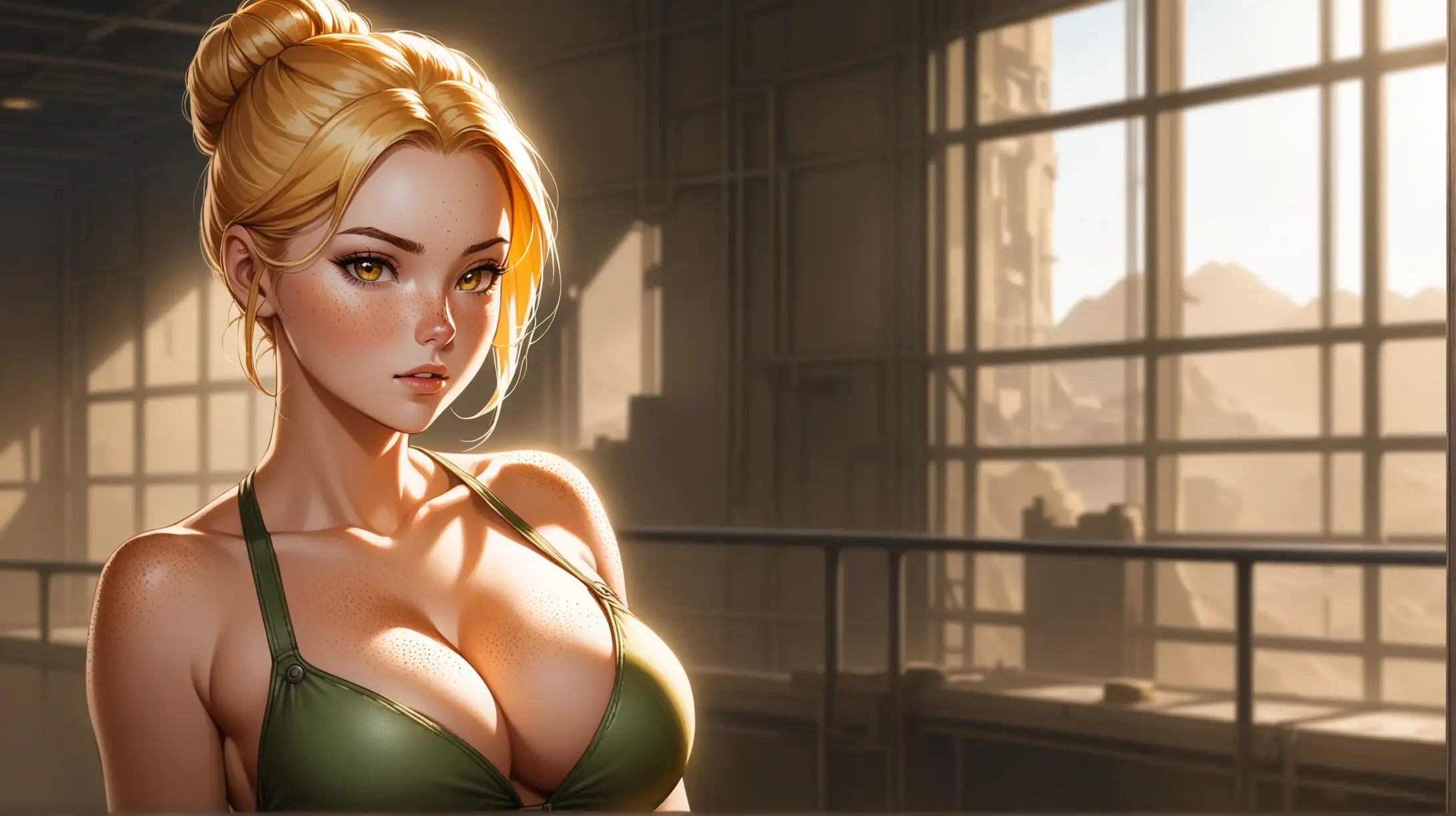 Draw a woman, long blonde hair in a bun, gold eyes, freckles, perky figure, outfit inspired from the Fallout series, high quality, cowboy shot, indoors, seductive, cleavage, natural lighting, adoring gaze toward the viewer