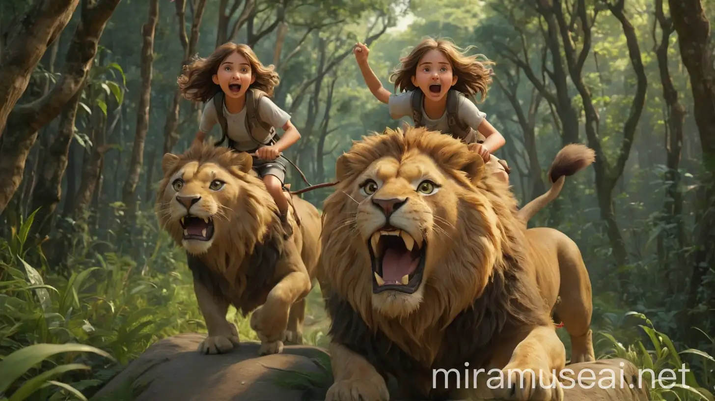 /imagine prompt: 3D animation, personality: [Illustrate a wide shot of two young girls riding on top of a lion, their faces showing a mix of fear and excitement. The dense forest surrounds them, with winding paths and various sounds of animals in the background] unreal engine, hyper real --q 2 --v 5.2 --ar 16:9
