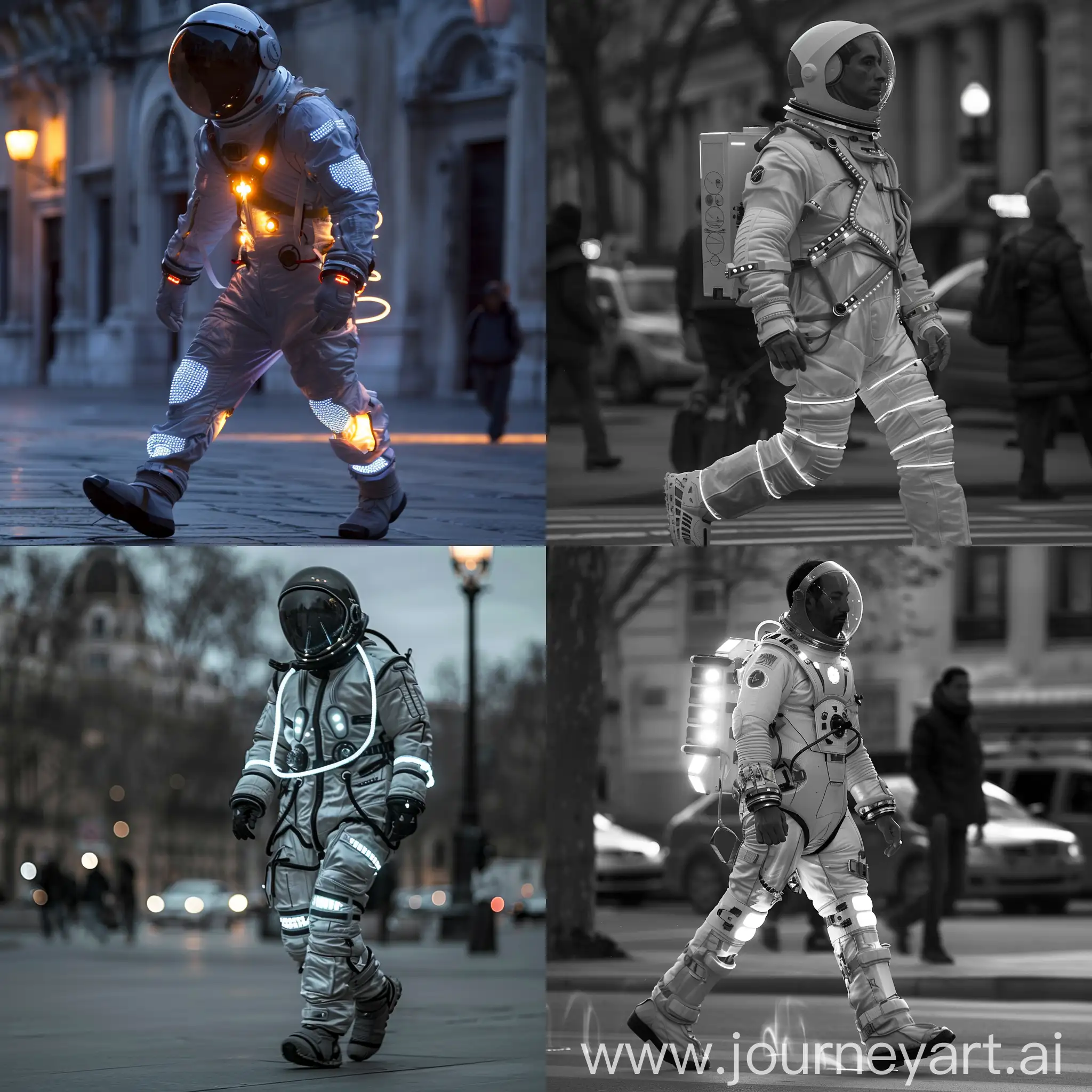 Человек в космическом костюме, но без шлема, с мерцающими LED-диодами на одежде, двигающийся по улице с плавными и медленными шагами, издавая звуки, напоминающие шипение космического корабля.