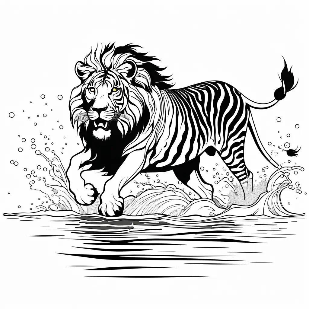 LION CHASING ZEBRA  IN 
WATER, Coloring Page, black and white, line art, white background, Simplicity, Ample White Space. The background of the coloring page is plain white to make it easy for young children to color within the lines. The outlines of all the subjects are easy to distinguish, making it simple for kids to color without too much difficulty