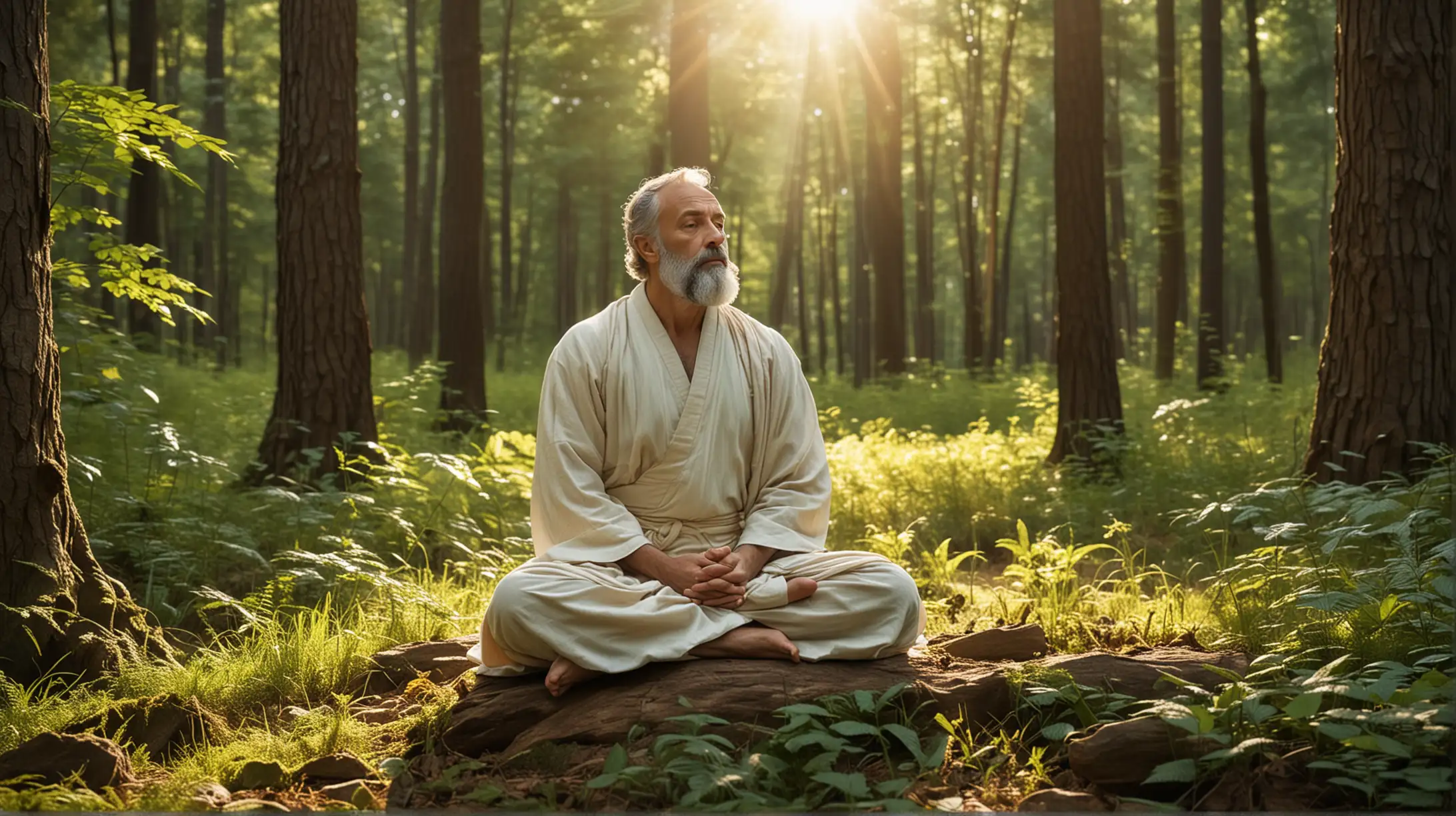 Visualize a Stoic philosopher meditating in a tranquil forest, finding peace and harmony amidst the natural surroundings.
Description: The image depicts a Stoic philosopher sitting cross-legged on the forest floor, surrounded by towering trees and dappled sunlight filtering through the foliage. With eyes closed and a serene expression, the philosopher engages in deep meditation, connecting with the rhythms of nature and finding inner tranquility