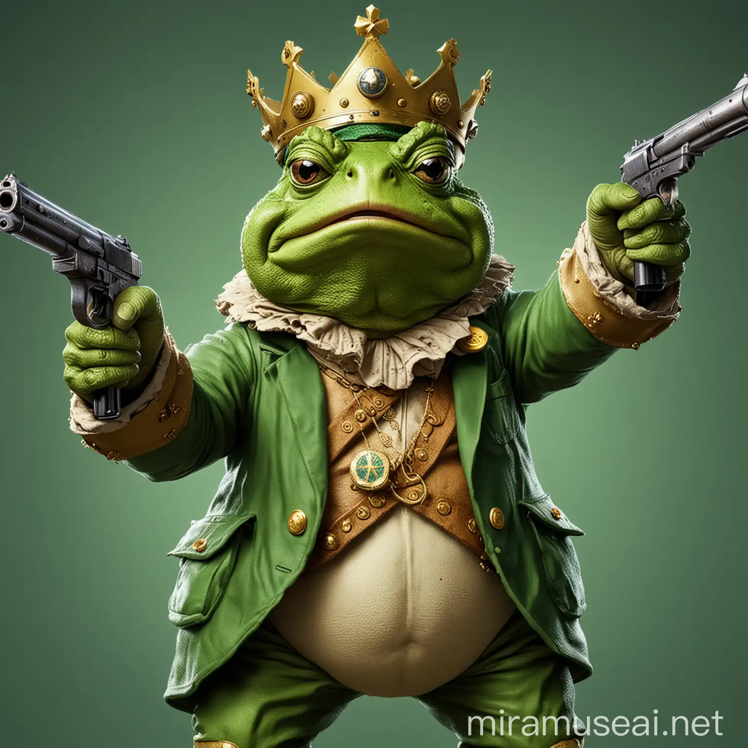 green crypto toad  king cartoon pointing a gun at me