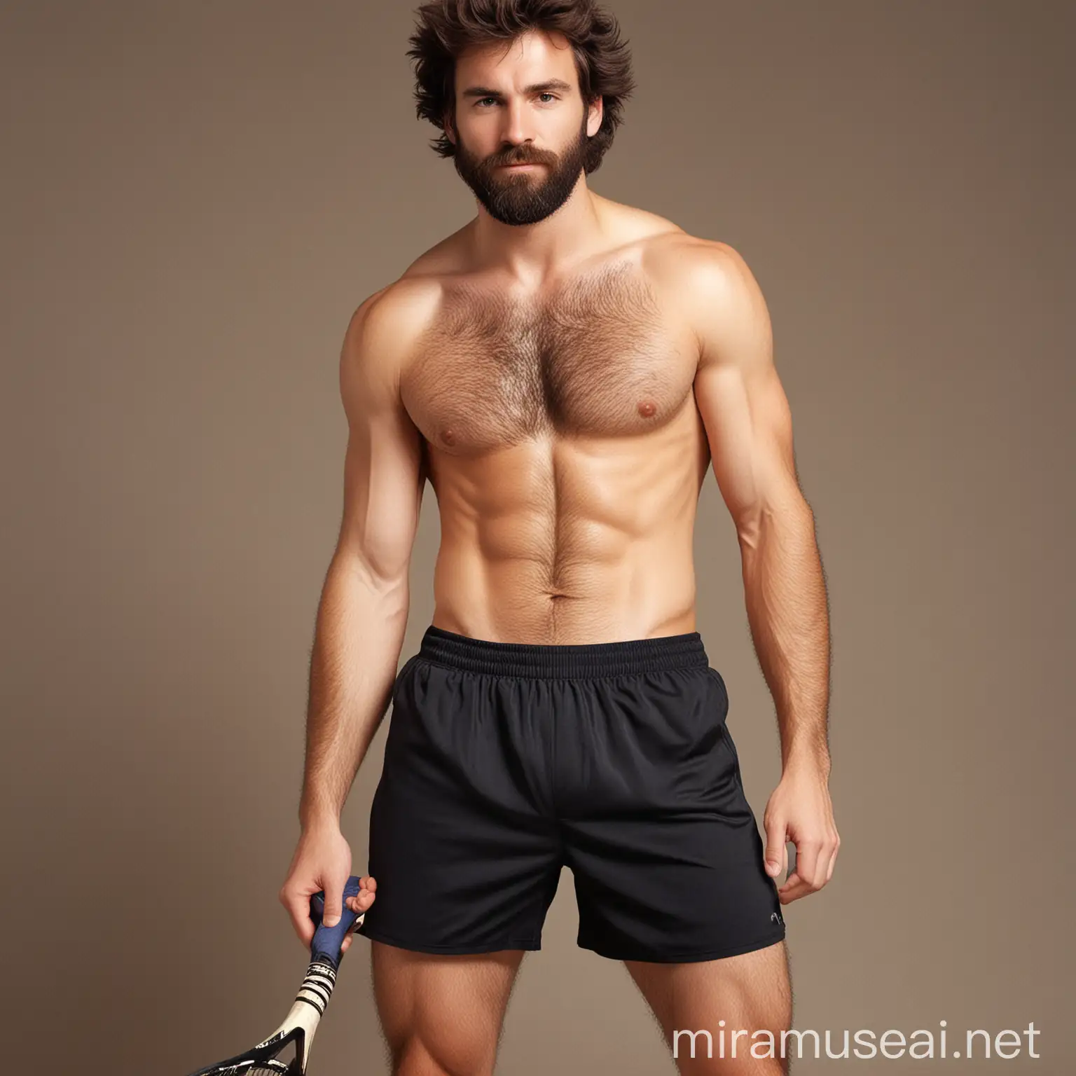 Hairy Guy, playing tennis Shirtless, Wearing 7 inch long black tight shorts, 90's style 90'S STYLE, VERY hairy chest, VERY hairy torso, Scruffy, trimmed facial hair, age 30