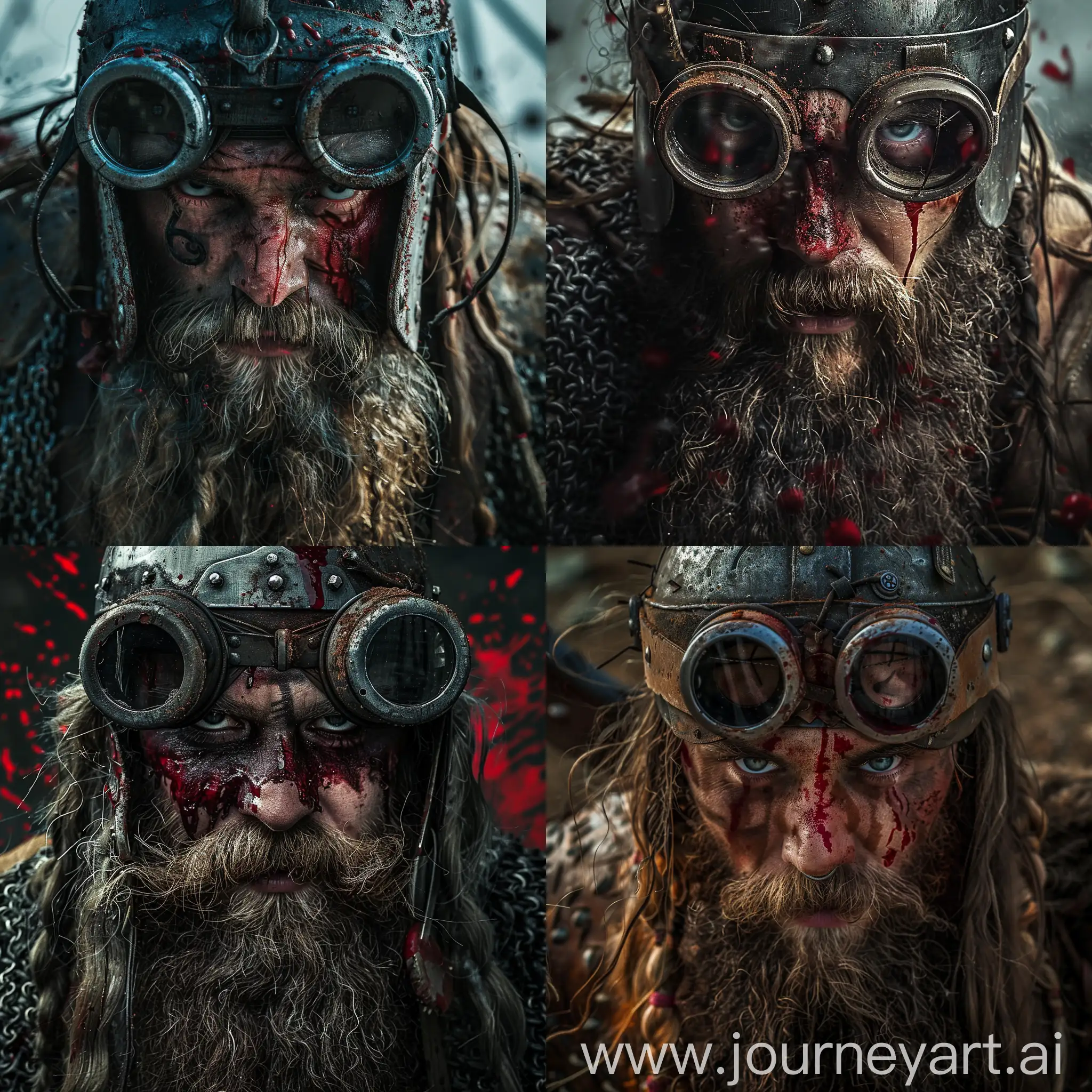 Close up image of a Viking warrior with long beard, goggled viking helmet, scar on his face, battle dirt, crimson liquid, battle scene, dramatic face expression, cinematic lighting