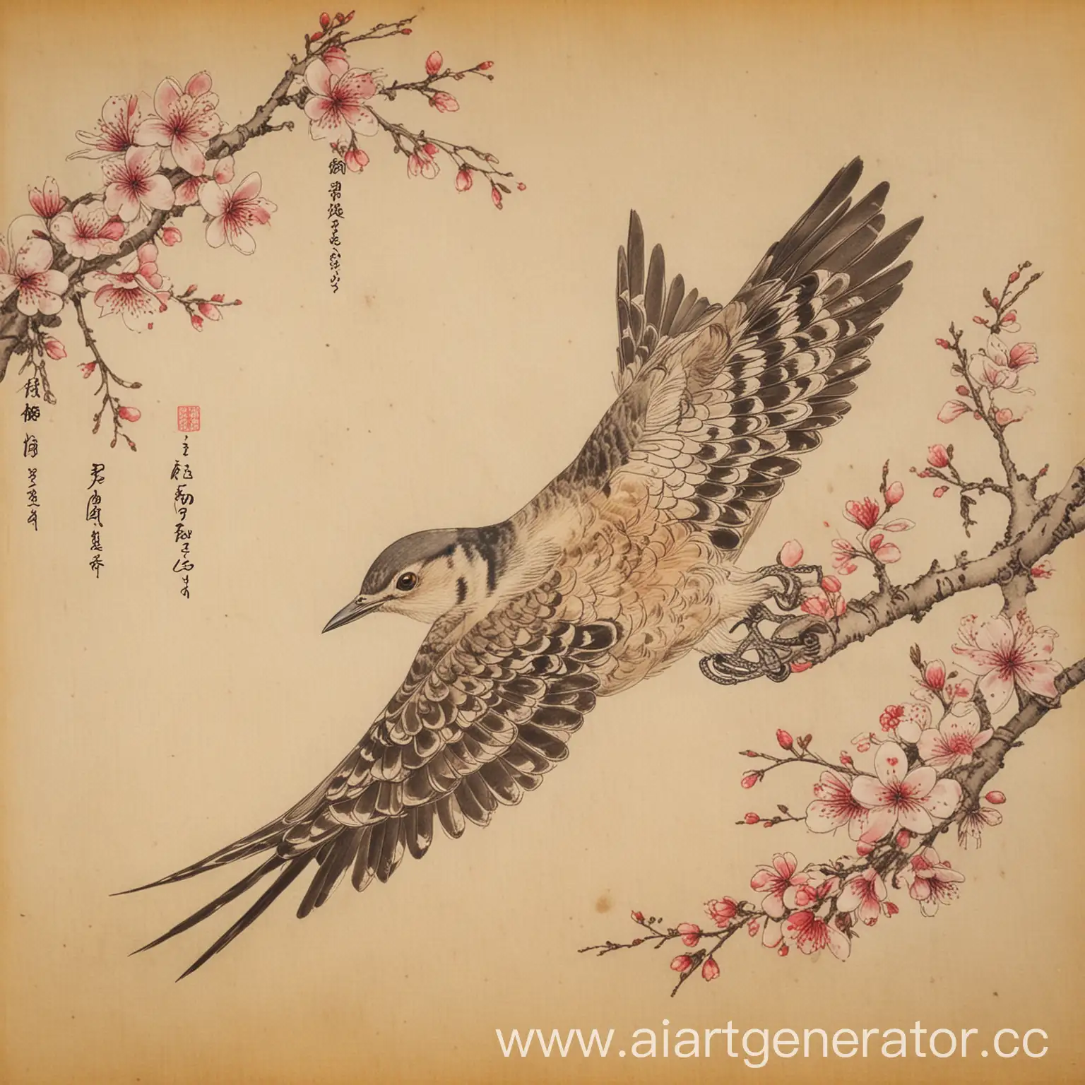 Японская кукушка хототогису. Она нарисована во время полёта. Рисунок кукушки на старом пергаменте. Пергамент от времени пожелтел и стёрся. Вместе с кукушкой нарисованы цветы сакуры. На самом рисунке много пустого места.