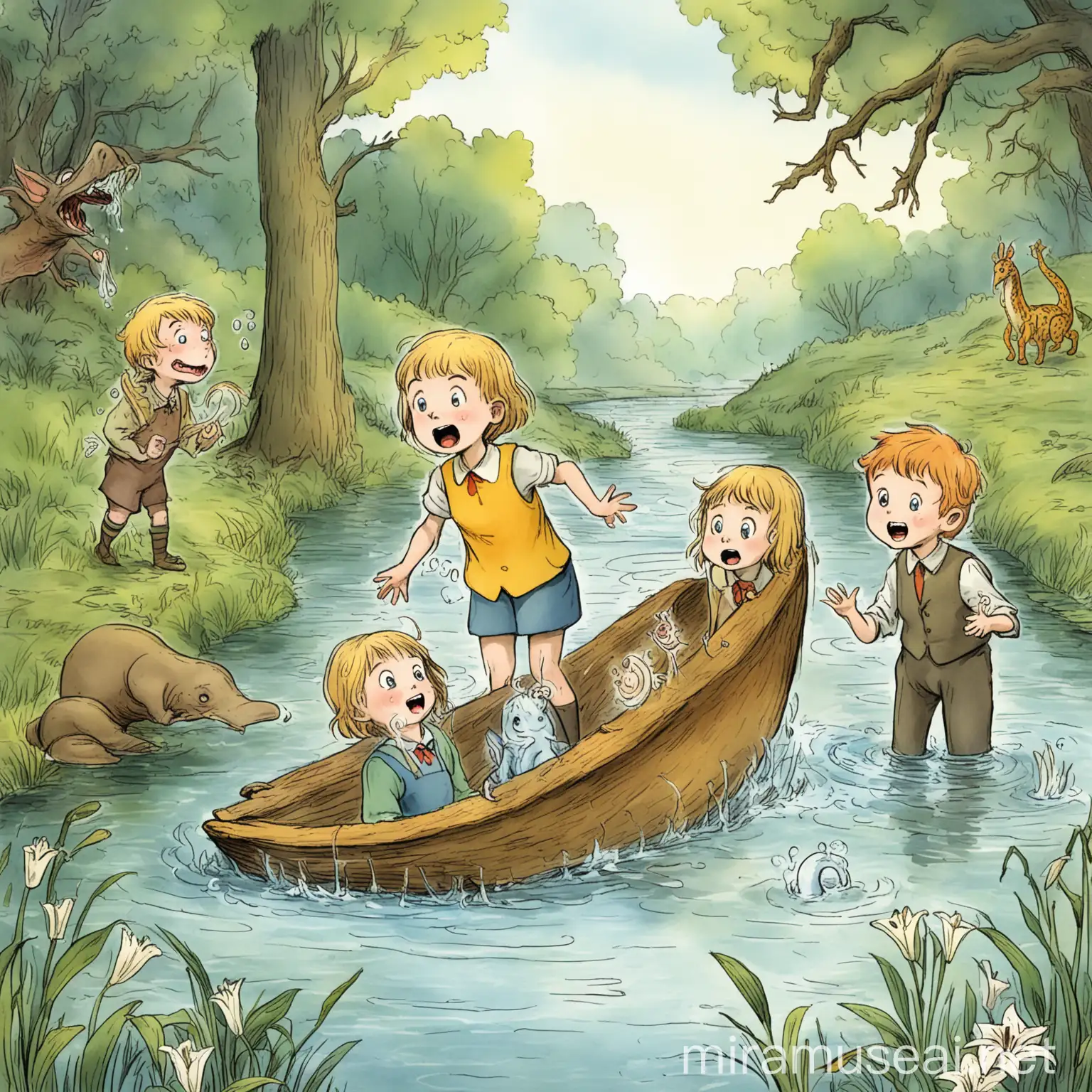 The children gulped. The river asked riddles about the fantastical creatures and strange sights they'd seen. Using their memories, Lily and Arthur solved each riddle, the river chuckling with each correct answer. Finally, with a gurgling whoosh, the water parted, letting them cross. Phew! They were closer to home, thanks to their sharp memories. 

