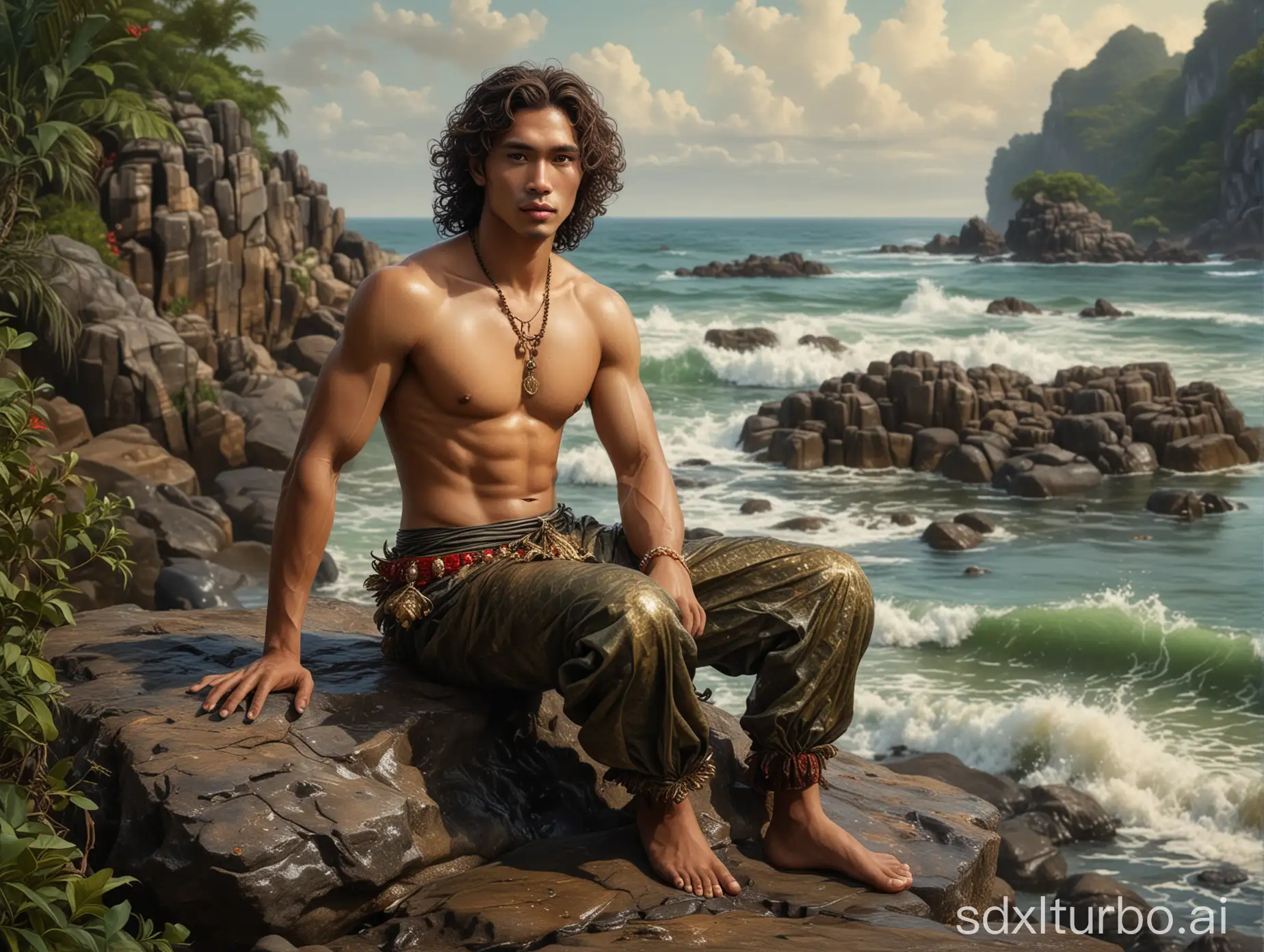 A full-body shot of a Vietnam-Borneo descent male mermaid with shoulder-length wet dark brown wavy hair, athletic body, wearing traditional accessories, sitting on a rock, with a background of a seashore, in the style of an oil painting.