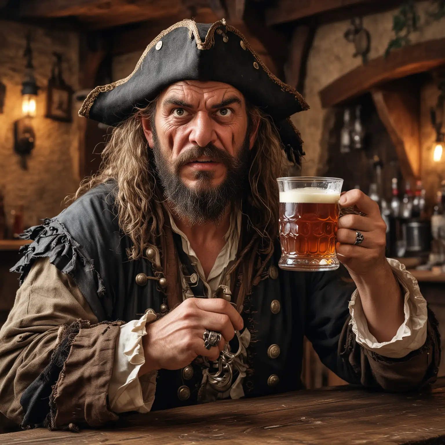 Ein grimmigen Pirat in einer mittelalterlichen Taverne. Sitzt am Tresen und hält den Becher hoch. 