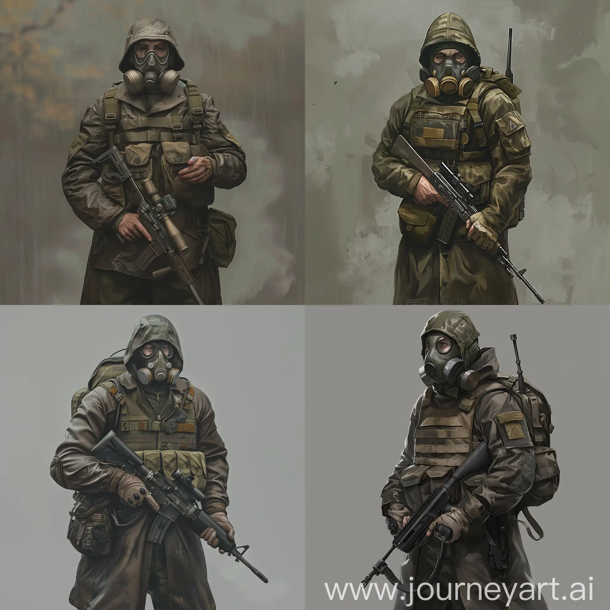Concept character art, digital design art, stalker from the STALKER, an respirator-gasmask on the stalker face, a stalker in a dark brown military raincoat, a bulletproof vest on his body, a small backpack on his back, a sniper rifle in his hands.