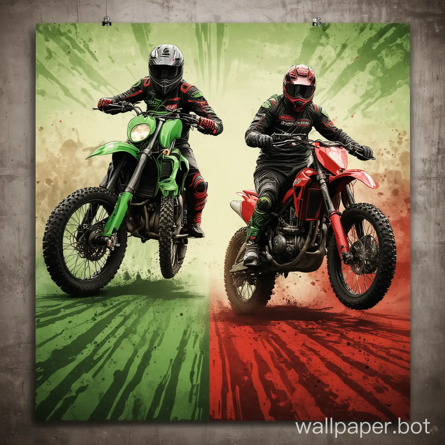 background for poster, moto race, two bikers, green  and red