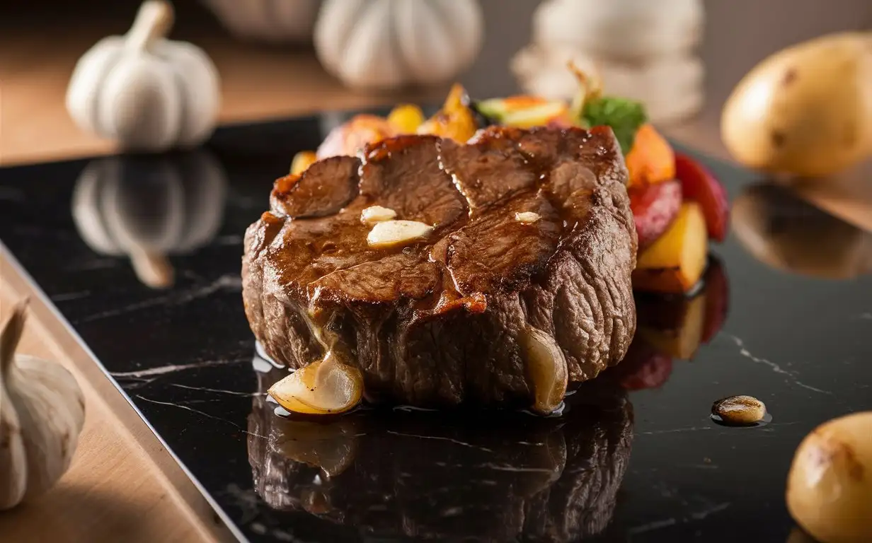 Garlic beef steak paired with roasted vegetables and potatoes, placed on a black marble tabletop. Sharp focus on the subject matter from a front view, mid-range shot with surrounding objects softly blurred, tender and juicy meat.