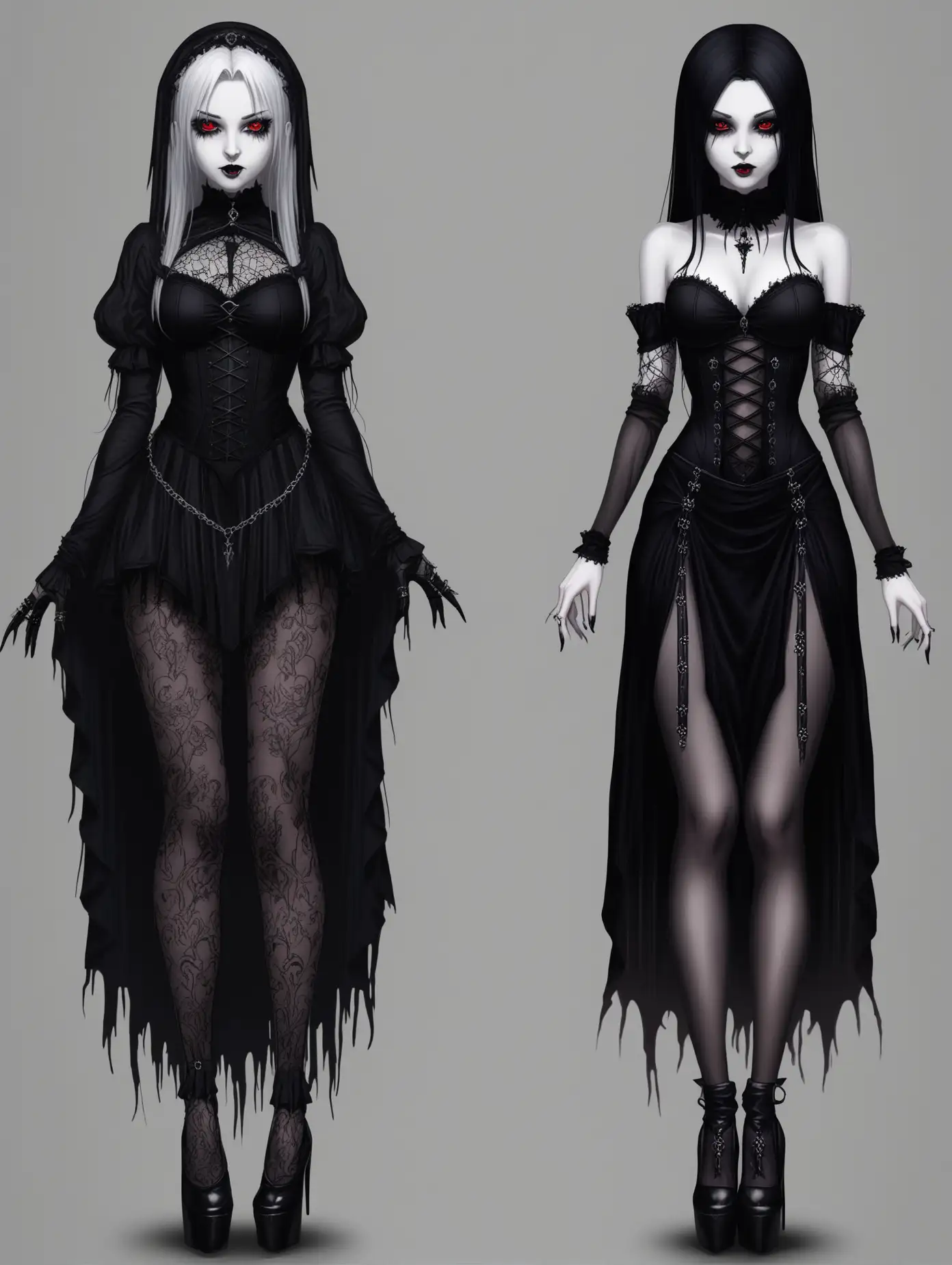 Hot girl, full body, 2 poses, beautiful and sensual, goth maiden outfit