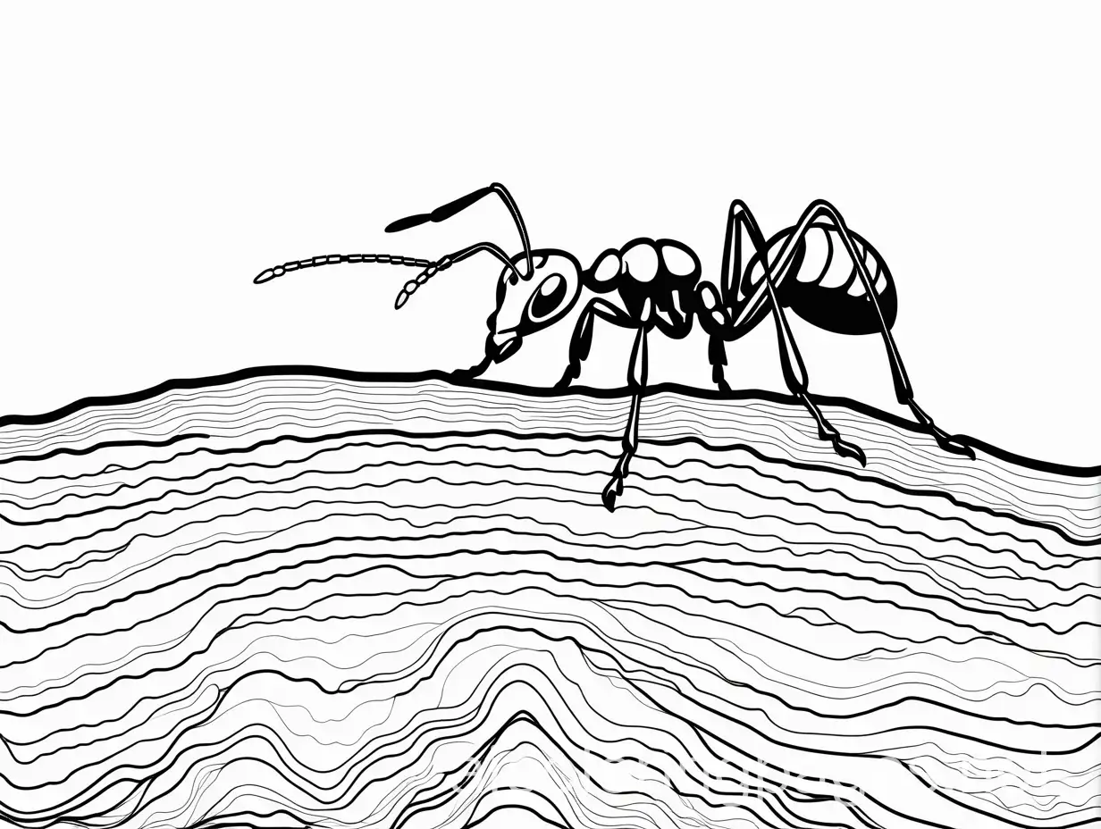 ant on an ant hill, Coloring Page, black and white, line art, white background, Simplicity, Ample White Space. The background of the coloring page is plain white to make it easy for young children to color within the lines. The outlines of all the subjects are easy to distinguish, making it simple for kids to color without too much difficulty