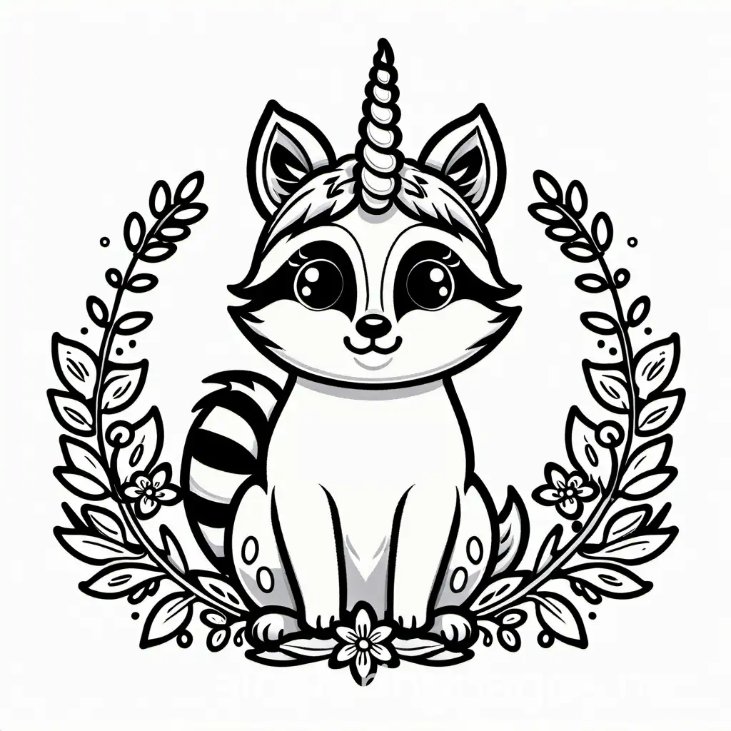 unicorn raccoon, Coloring Page, black and white, line art, white background, Simplicity, Ample White Space. The background of the coloring page is plain white to make it easy for young children to color within the lines. The outlines of all the subjects are easy to distinguish, making it simple for kids to color without too much difficulty