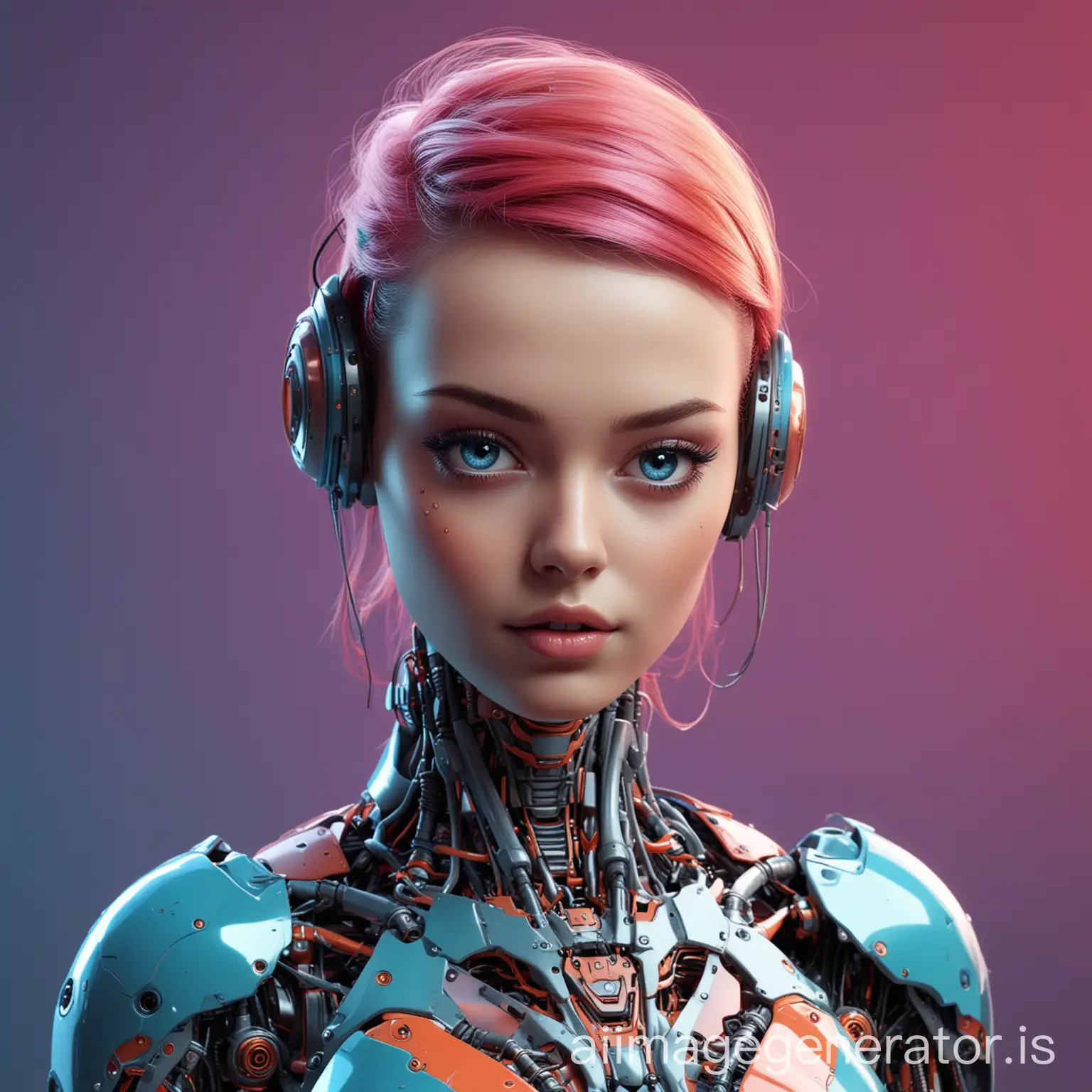 3D portrait of cute evil robot sexy girl colored with futurist background